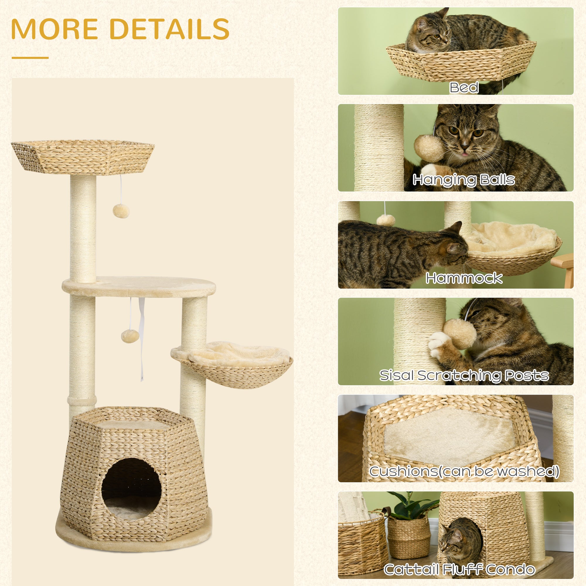 PawHut Cat Tree Tower, Climbing Activity Centre for Kittens with Cattail, Bed, House, Sisal Scratching Post, Hanging Ball, in Natural Tones