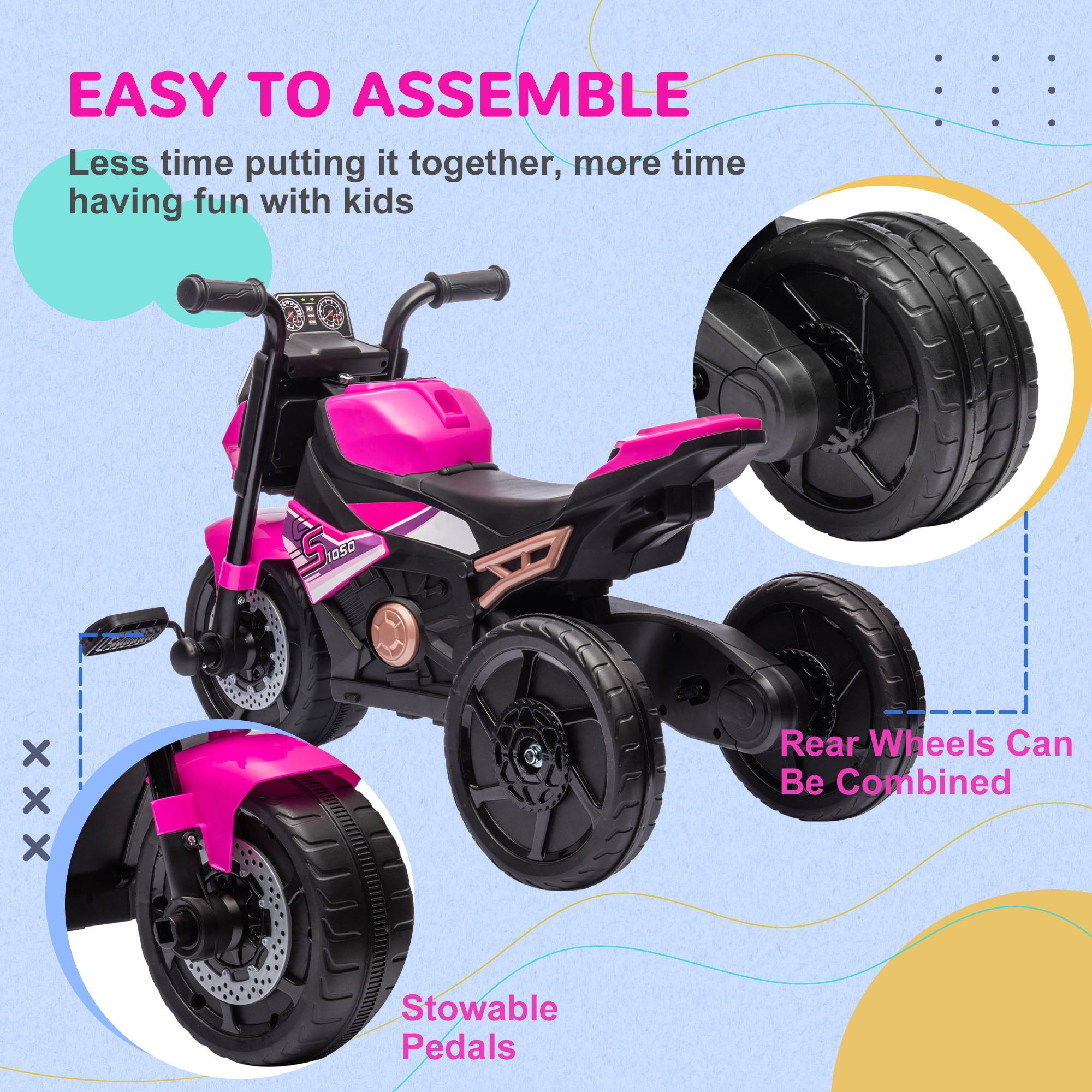 AIYAPLAY Motorcycle Design 3 in 1 Toddler Trike, Sliding Car, Balance Bike with Headlight, Music, Horn, Pink