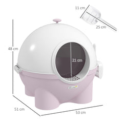 PawHut Hooded Cat Litter Box, Large Litter Tray with Lid, Scoop, Top Handle, and Front Entrance, 53 x 51 x 48cm, Pink