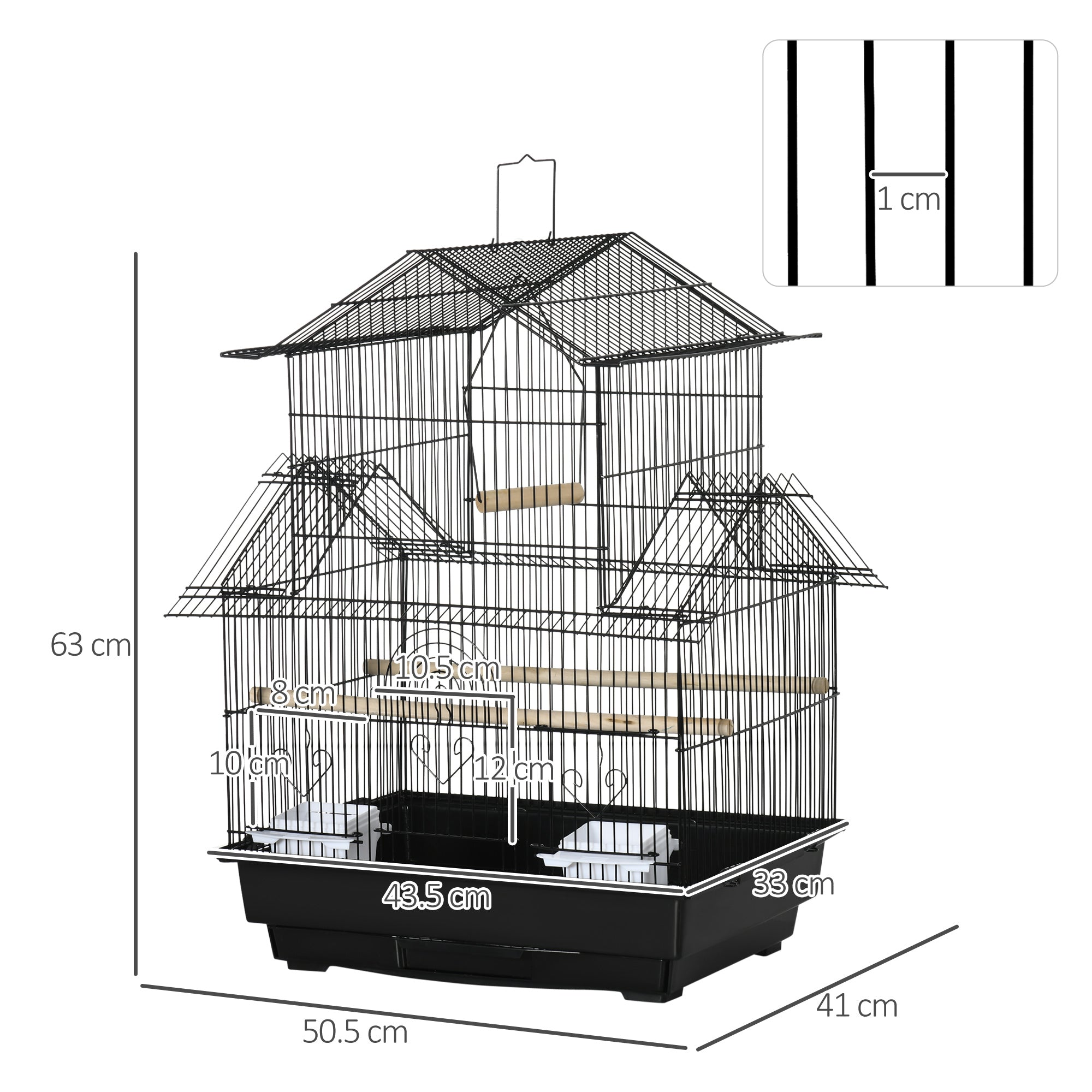 PawHut Metal Bird Cage, Portable with Swing Perch & Food Tray for Finch, Canary, Budgie, 50.5x40x63cm, Black