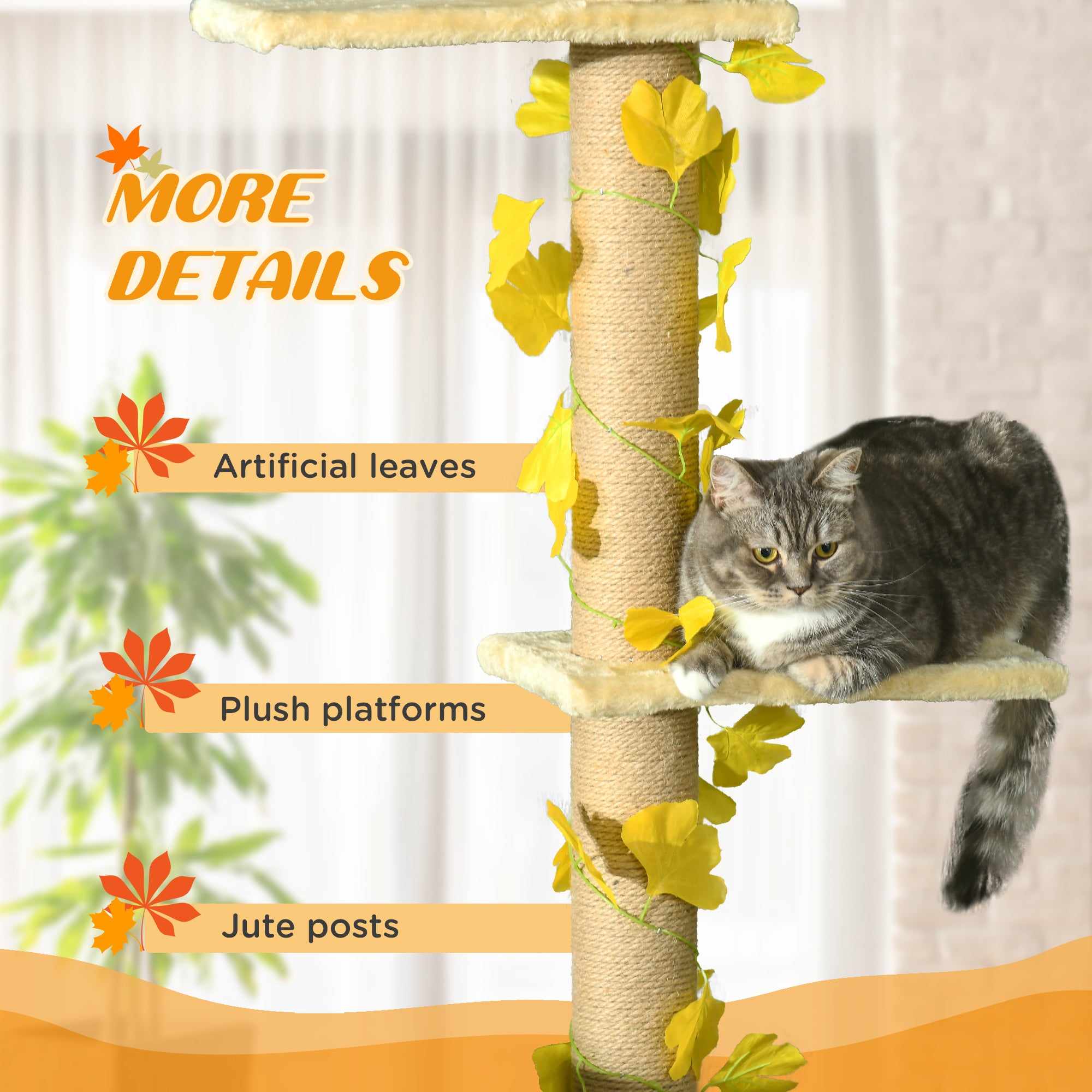 PawHut 202-242cm Height Adjustable Floor to Ceiling Cat Tree for Cats with Sisal Scratching Post, 3- Tier Cat Tower