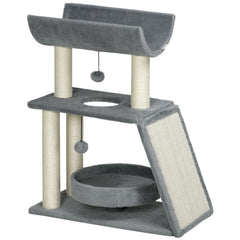 PawHut Cat Tree Tower with Scratching Posts, Cosy Pad, Bed, Perch, Interactive Toy Ball, Light Grey