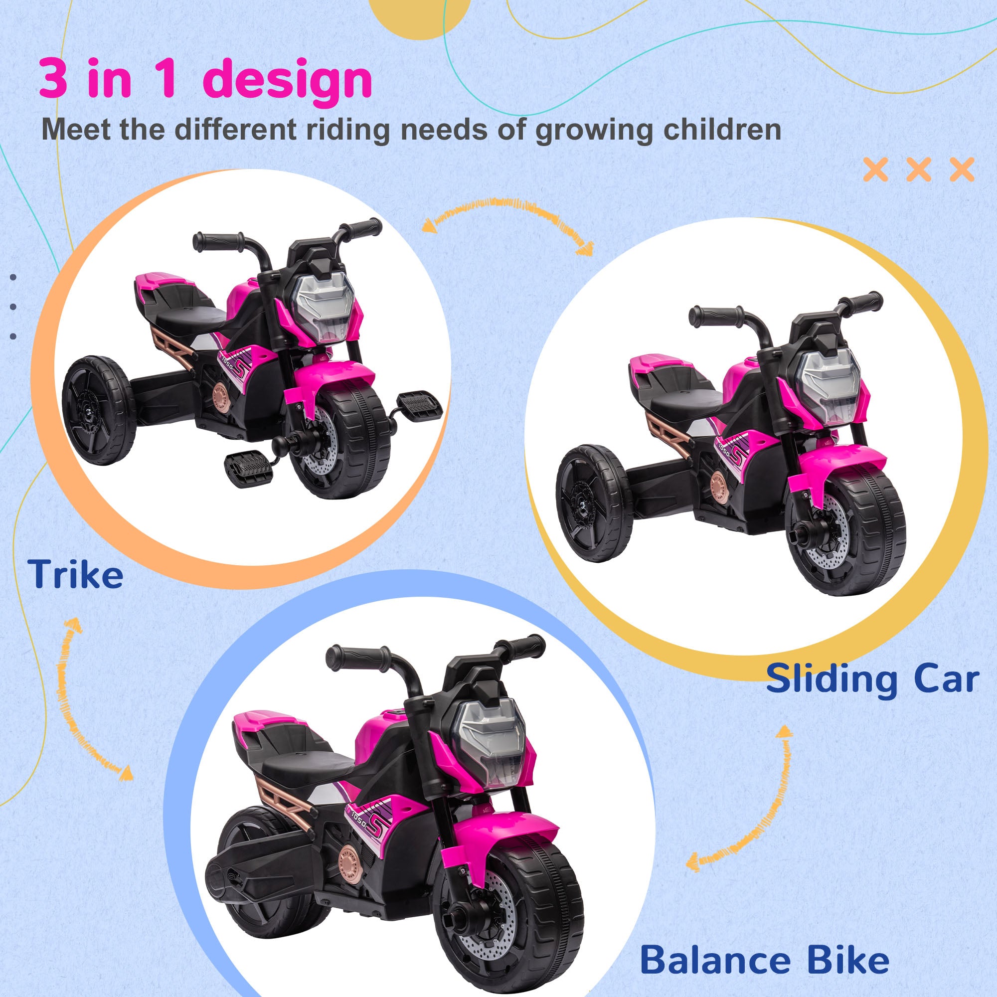 AIYAPLAY Motorcycle Design 3 in 1 Toddler Trike, Sliding Car, Balance Bike with Headlight, Music, Horn, Pink