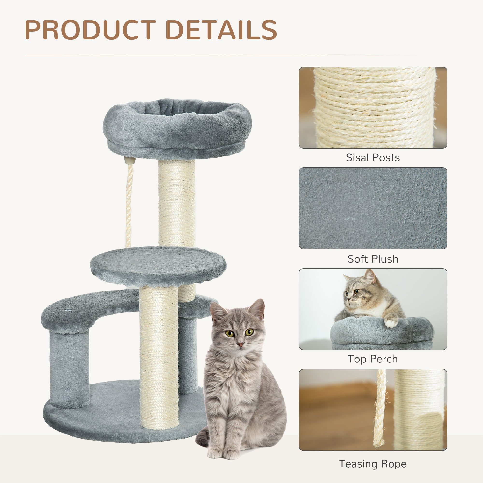 PawHut Cat Tree 65 cm, Kitty Scratcher, Kitten Activity Centre with 2 Perches & Hanging Sisal Rope, Grey