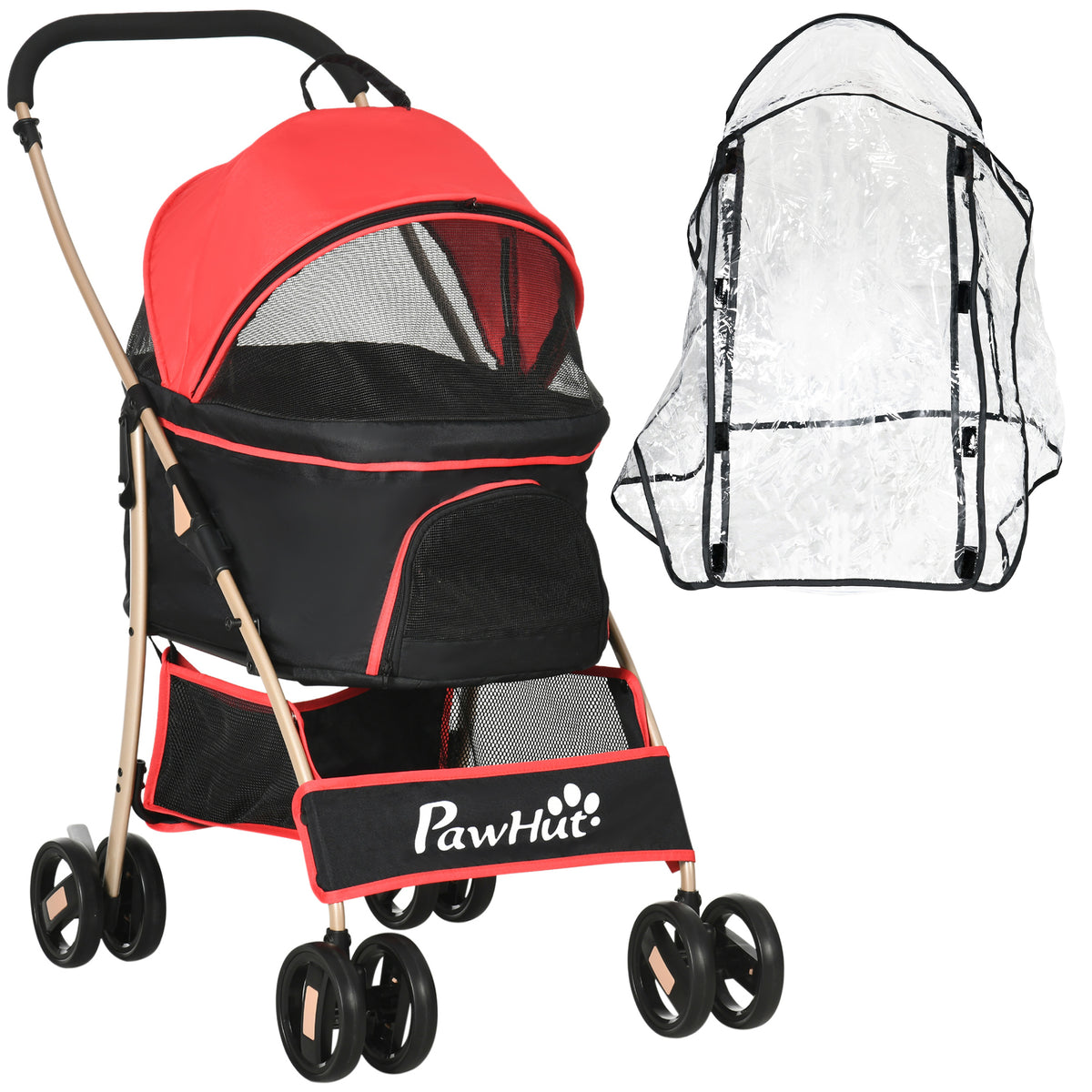 PawHut 3 In 1 Pet Stroller with Rain Cover, Detachable Cat Dog Pushchair, Foldable Carrying Bag with Universal Wheels, Brake, Canopy, Basket, Red.