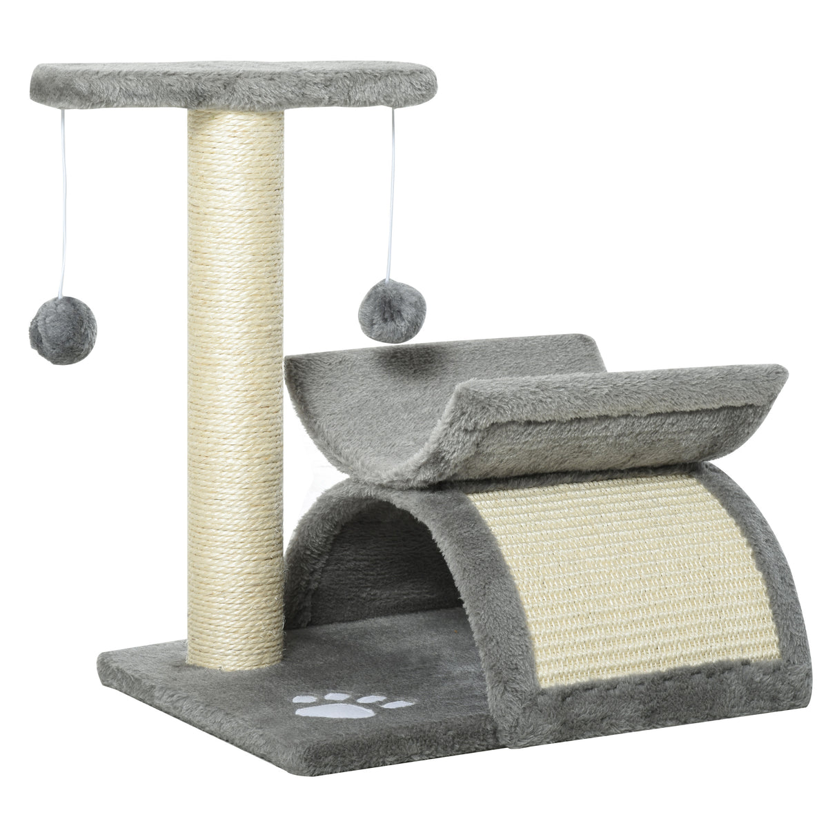 PawHut Kitten Activity Tree with Sisal Scratching Posts, Compact Cat Play Tower with Rotating Bar, Tunnel, Grey