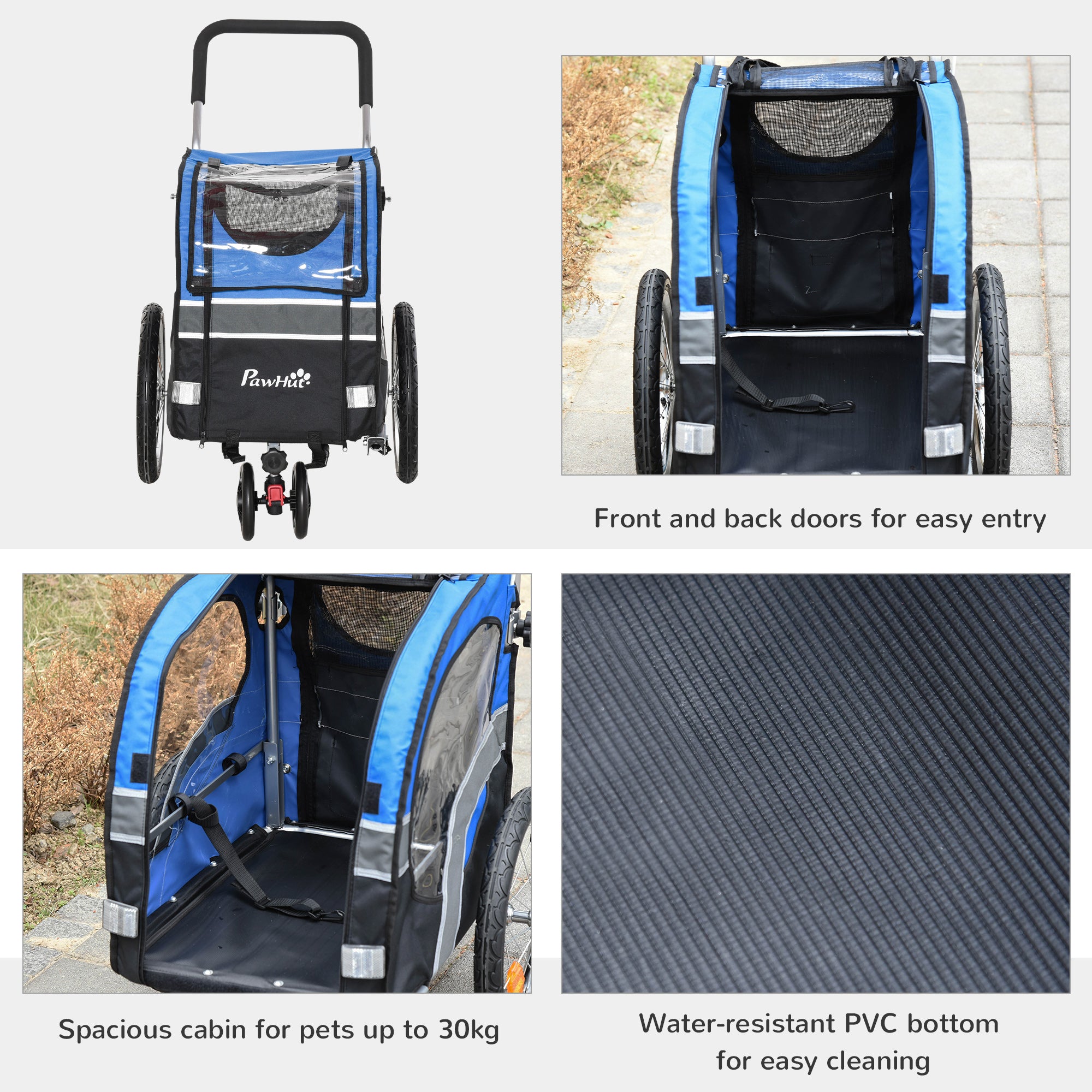 PawHut Dog Bike Trailer 2-in-1 Pet Cart Carrier Stroller Pushchair for Bicycle with 360° Rotatable Front Wheel Reflectors Weather Resistant Blue