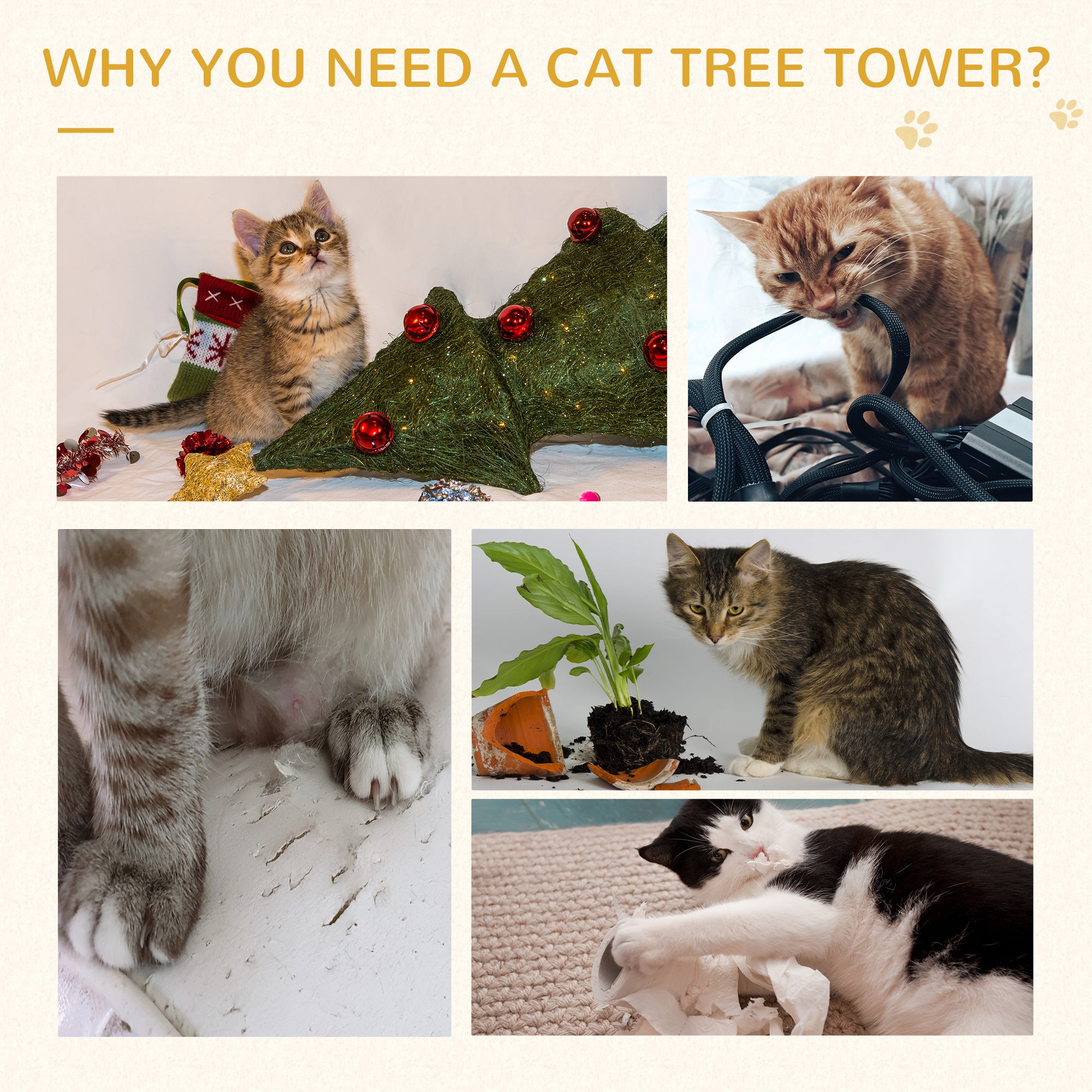 PawHut Beige Cat Tree, Kitten Scratching Post, Sisal Climbing Tower, Activity Centre, Sturdy