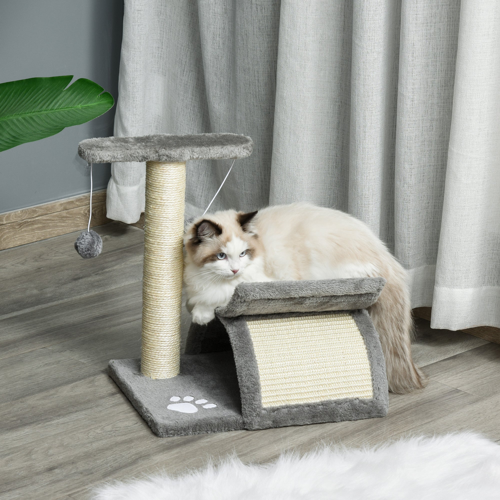 PawHut Kitten Activity Tree with Sisal Scratching Posts, Compact Cat Play Tower with Rotating Bar, Tunnel, Grey