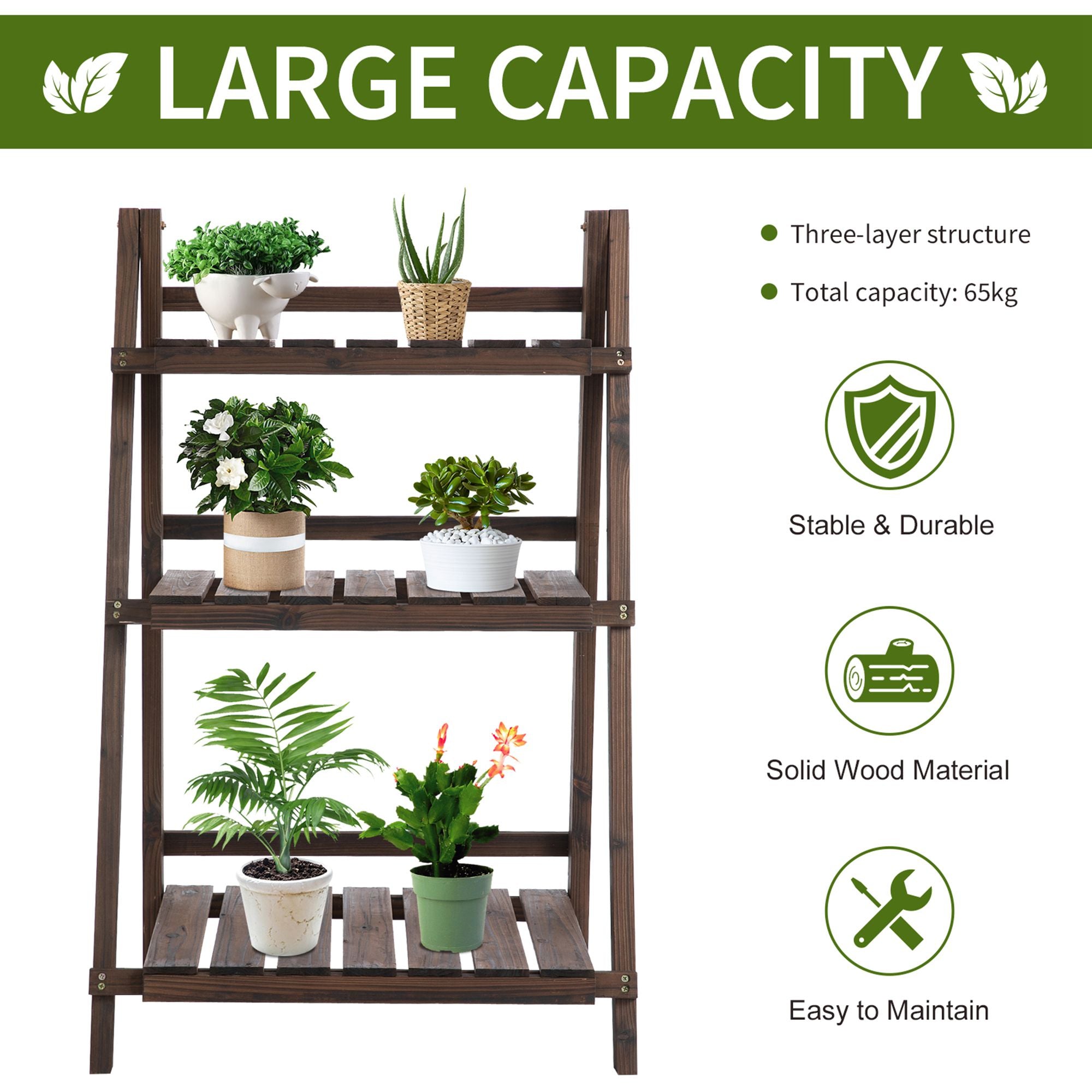 Outsunny Wooden Plant Shelf, 3-Tier Foldable Stand for Indoor Outdoor Plant Pots, 60L x 37W x 93H cm