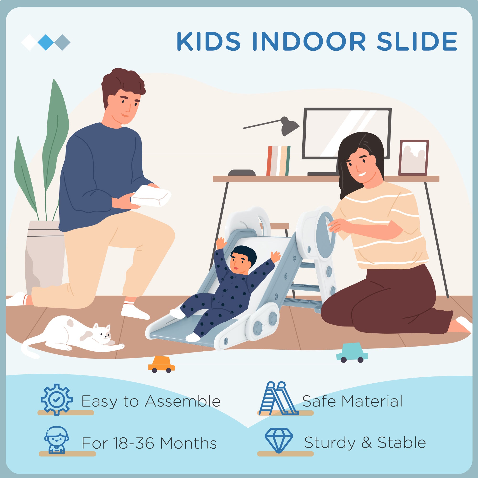 AIYAPLAY Foldable Kids Slide Indoor, Freestanding Baby Slide for 1.5-3 Years Old, Grey