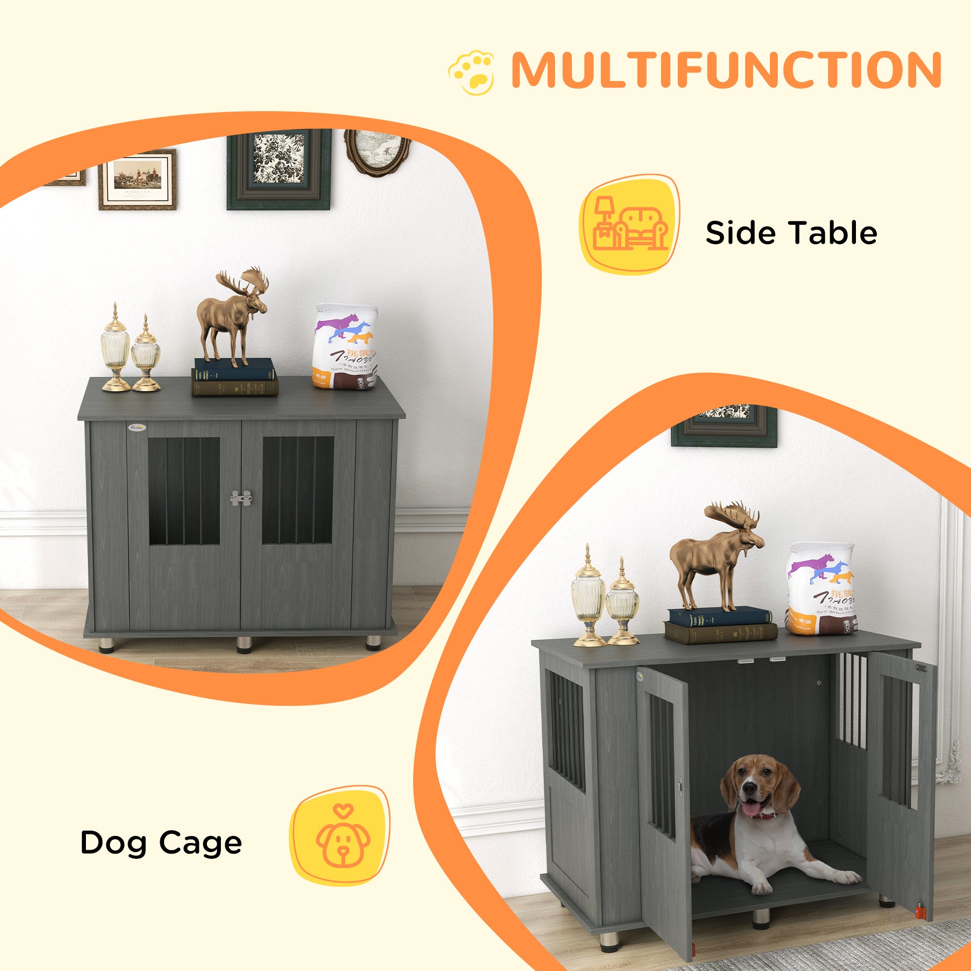 PawHut Indoor Dog Crate Furniture for Medium and Large Dogs, Magnetic Door, 100 x 55 x 80 cm, Grey