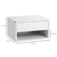 HOMCOM 2 Pieces Bedside Table Wall Mounted Nightstand with Drawer and Shelf for Bedroom, 37 x 32 x 21cm, High Gloss White - TovaHaus