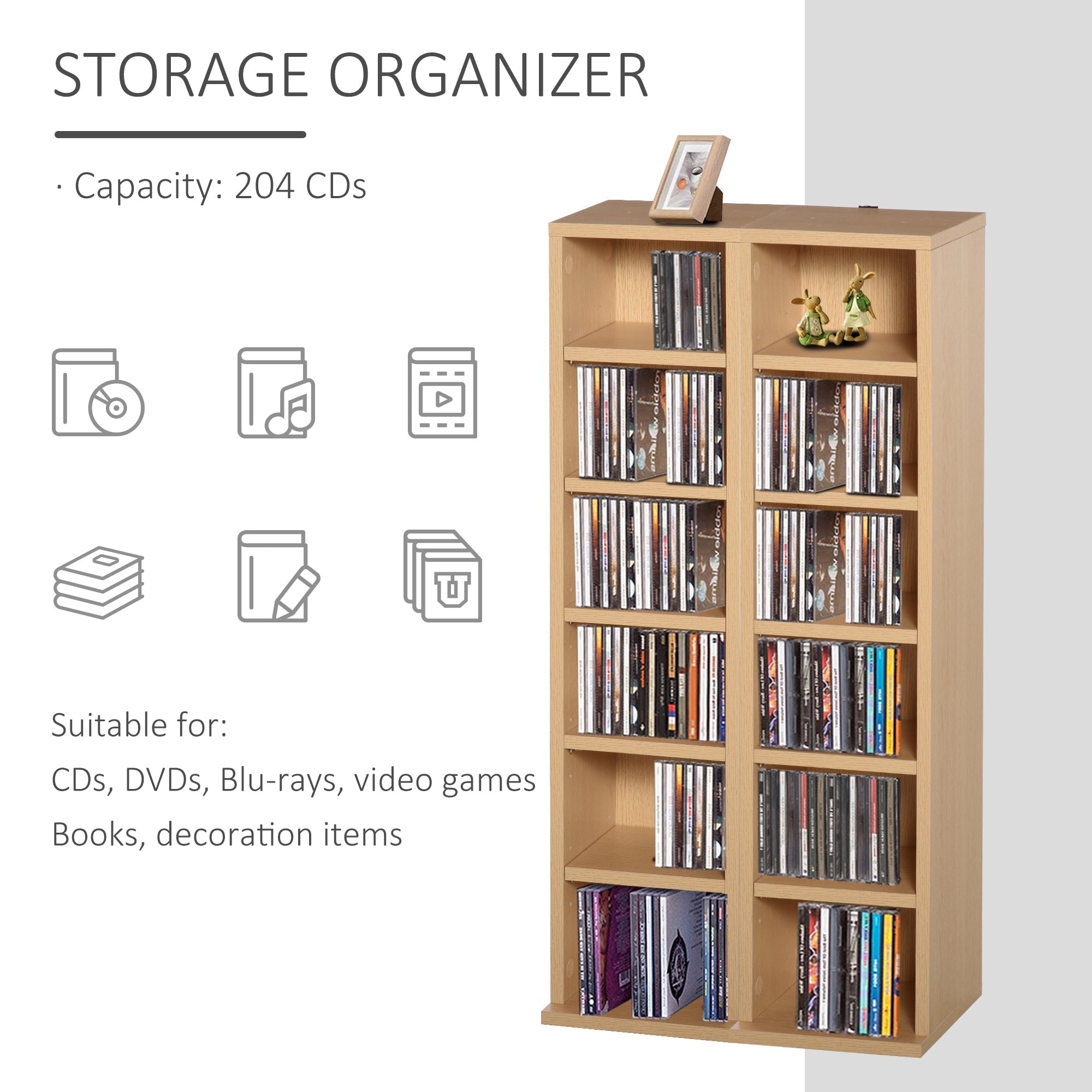 HOMCOM 204 CD Media Display Shelf Unit Set of 2 Blu-Ray DVD Tower Rack w/ Adjustable Shelves Bookcase Storage Organiser, Natural Wood Color - TovaHaus