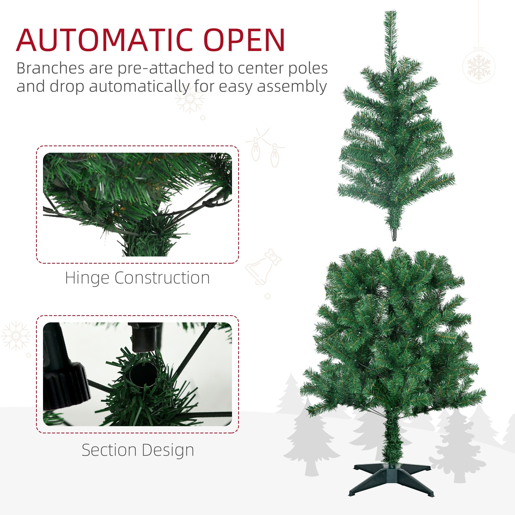 HOMCOM 5' Artificial Prelit Christmas Trees Holiday Décor with Warm White LED Lights, Auto Open, Tinsel, Ball, Star - TovaHaus