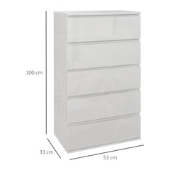 HOMCOM 5-Drawer High Gloss Chest of Drawers, Modern Storage Cabinet for Bedroom, Sleek White Finish - TovaHaus