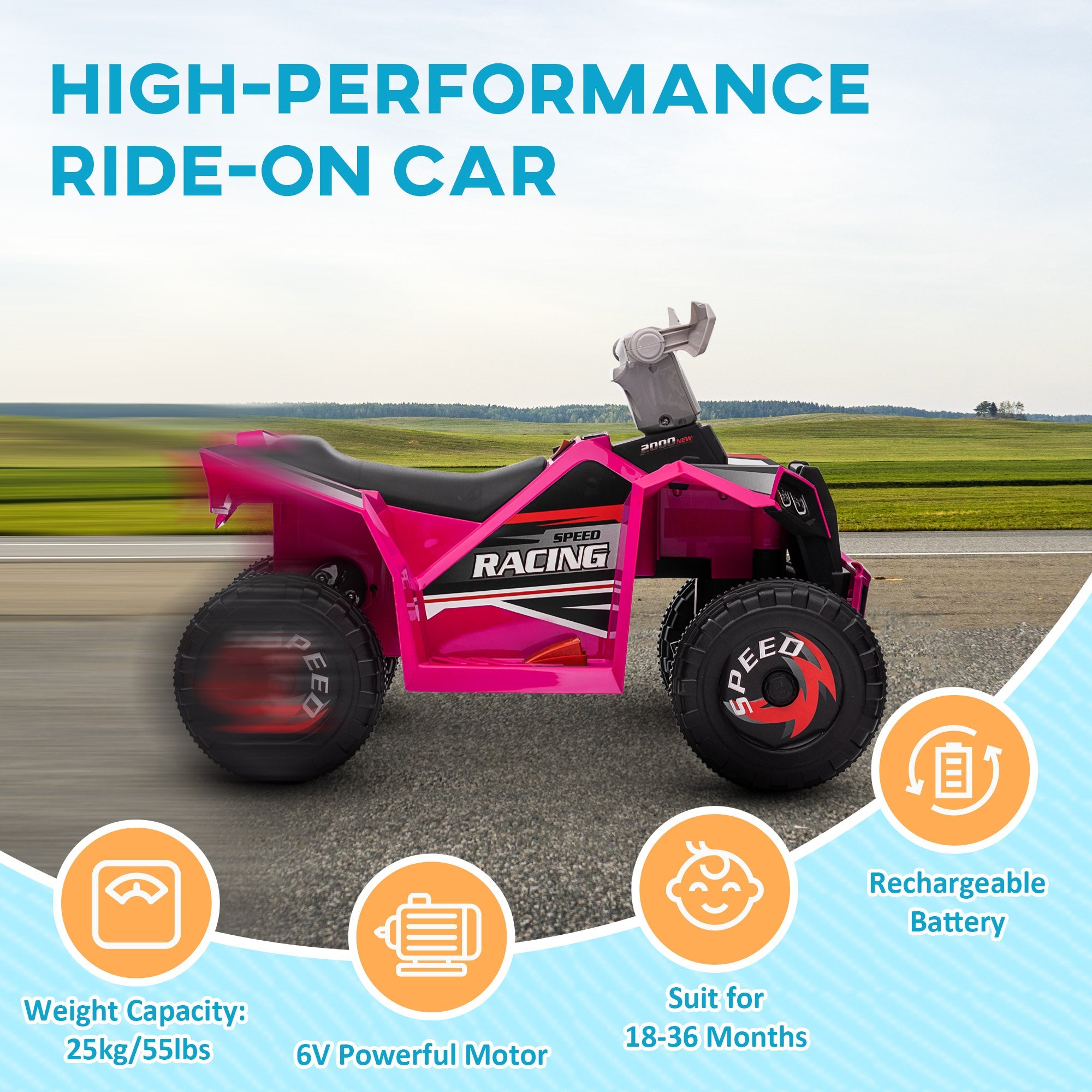 HOMCOM 6V Electric Quad Bike for Toddlers, Wear-Resistant Wheels, Forward and Backward Function, Pink - TovaHaus