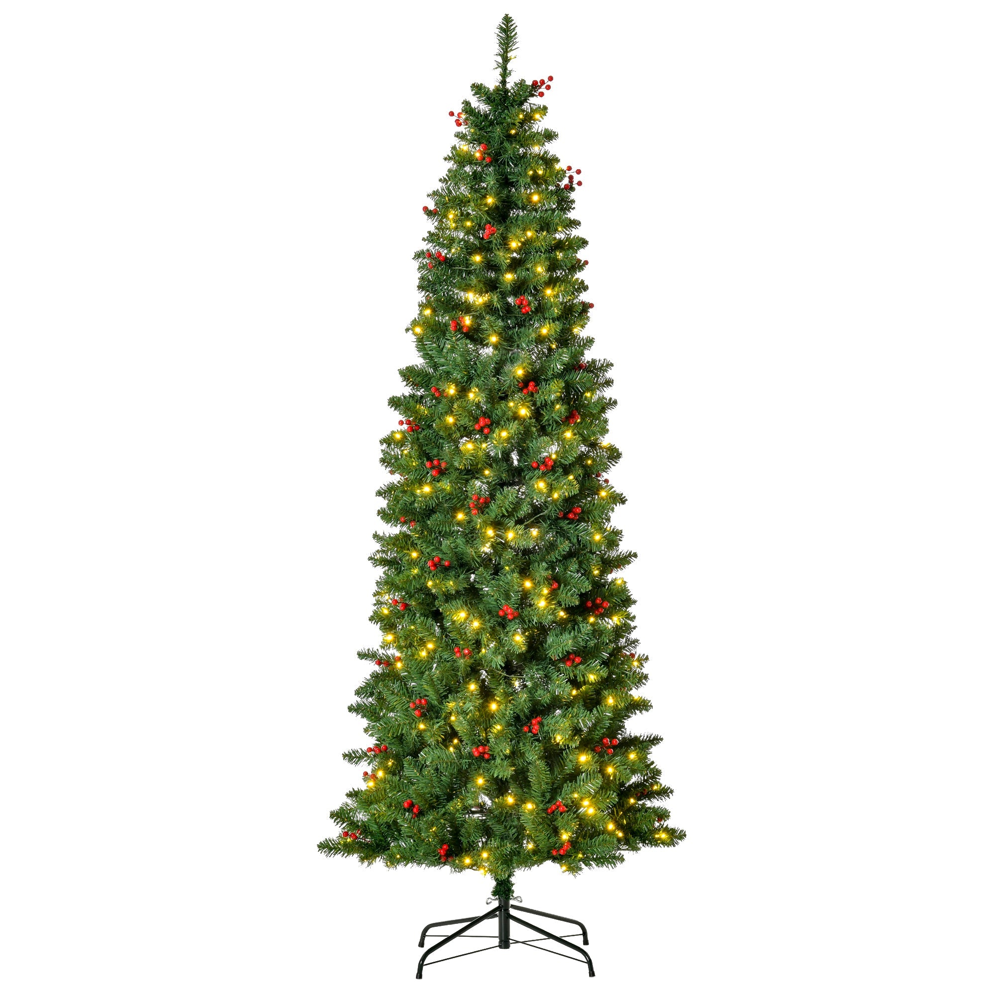 HOMCOM 7FT Prelit Artificial Pencil Christmas Tree with Warm White LED Light, Red Berry, Holiday Home Xmas Decoration, Green - TovaHaus