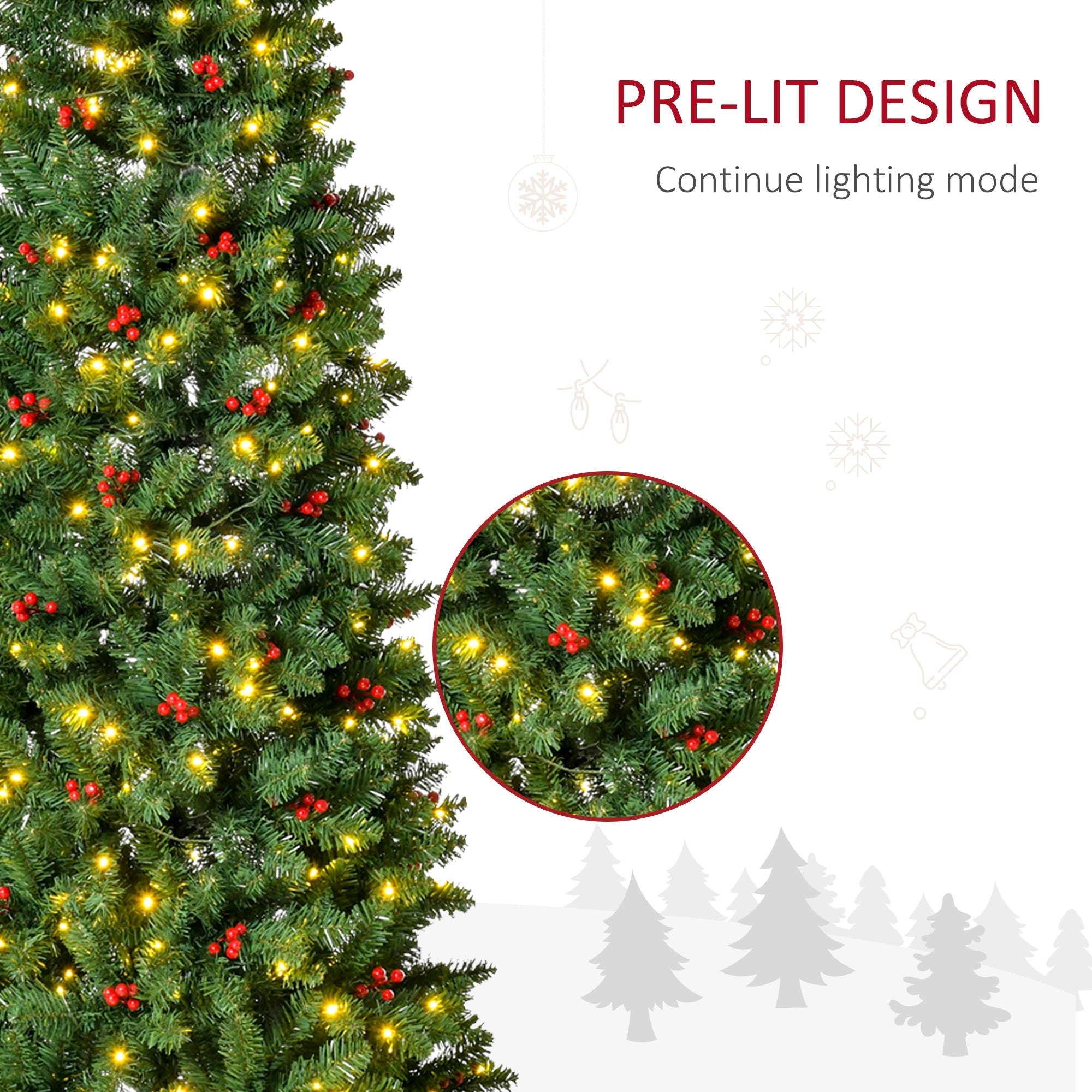 HOMCOM 7FT Prelit Artificial Pencil Christmas Tree with Warm White LED Light, Red Berry, Holiday Home Xmas Decoration, Green - TovaHaus