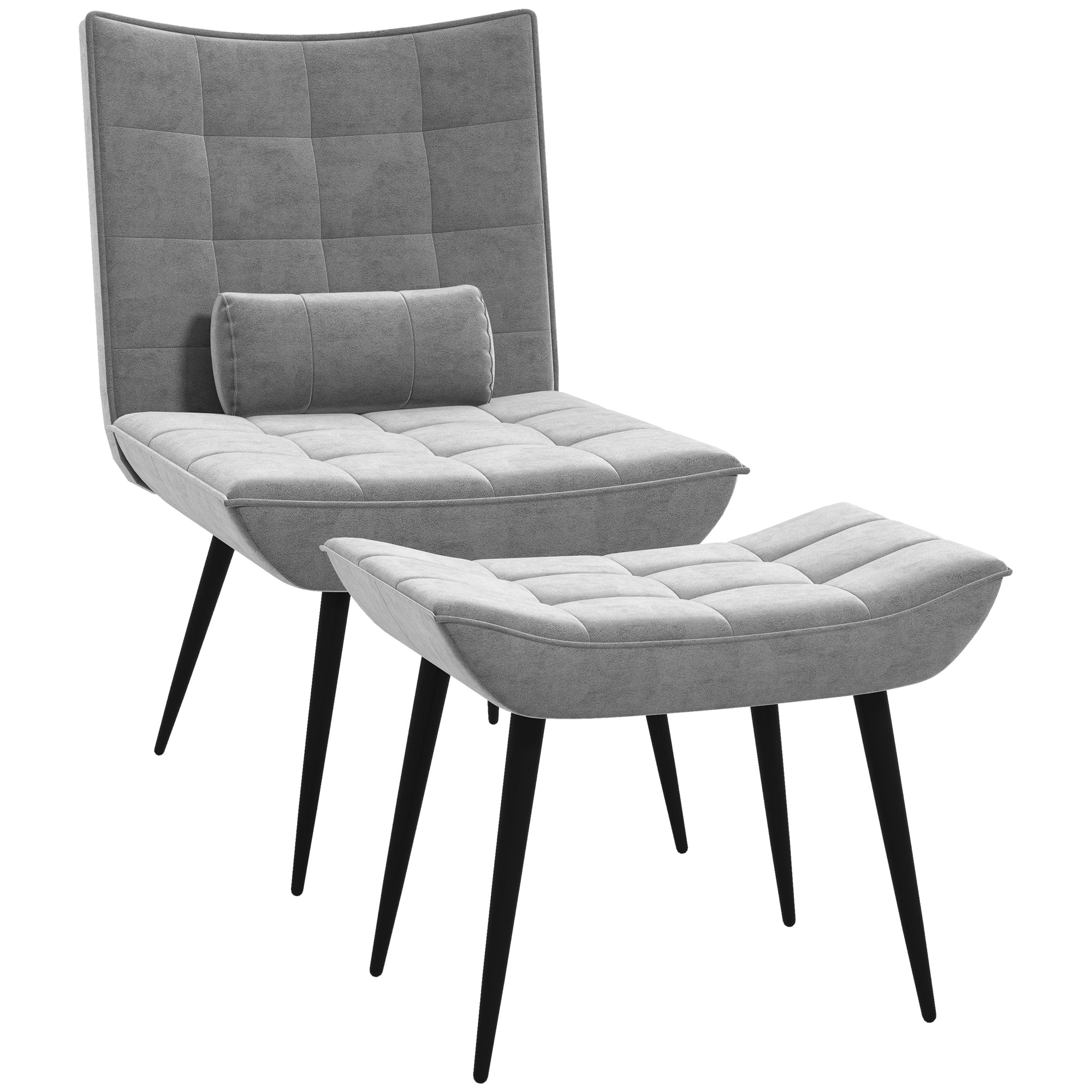 HOMCOM Armless Accent Chair w/ Footstool Set, Modern Tufted Upholstered Lounge Chair w/ Pillow, Steel Legs, Grey - TovaHaus