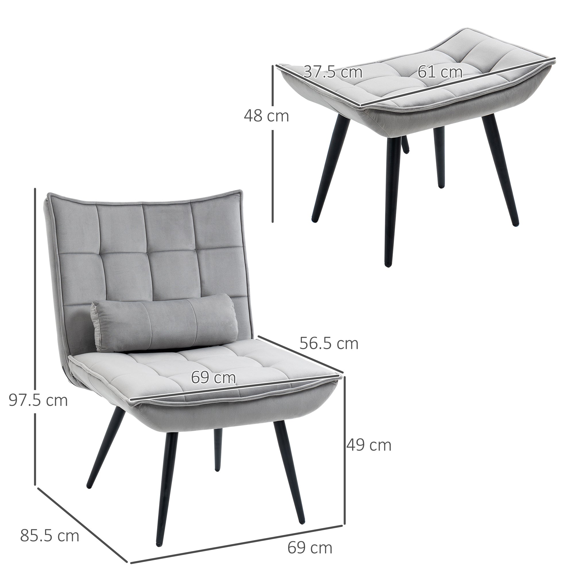 HOMCOM Armless Accent Chair w/ Footstool Set, Modern Tufted Upholstered Lounge Chair w/ Pillow, Steel Legs, Grey - TovaHaus
