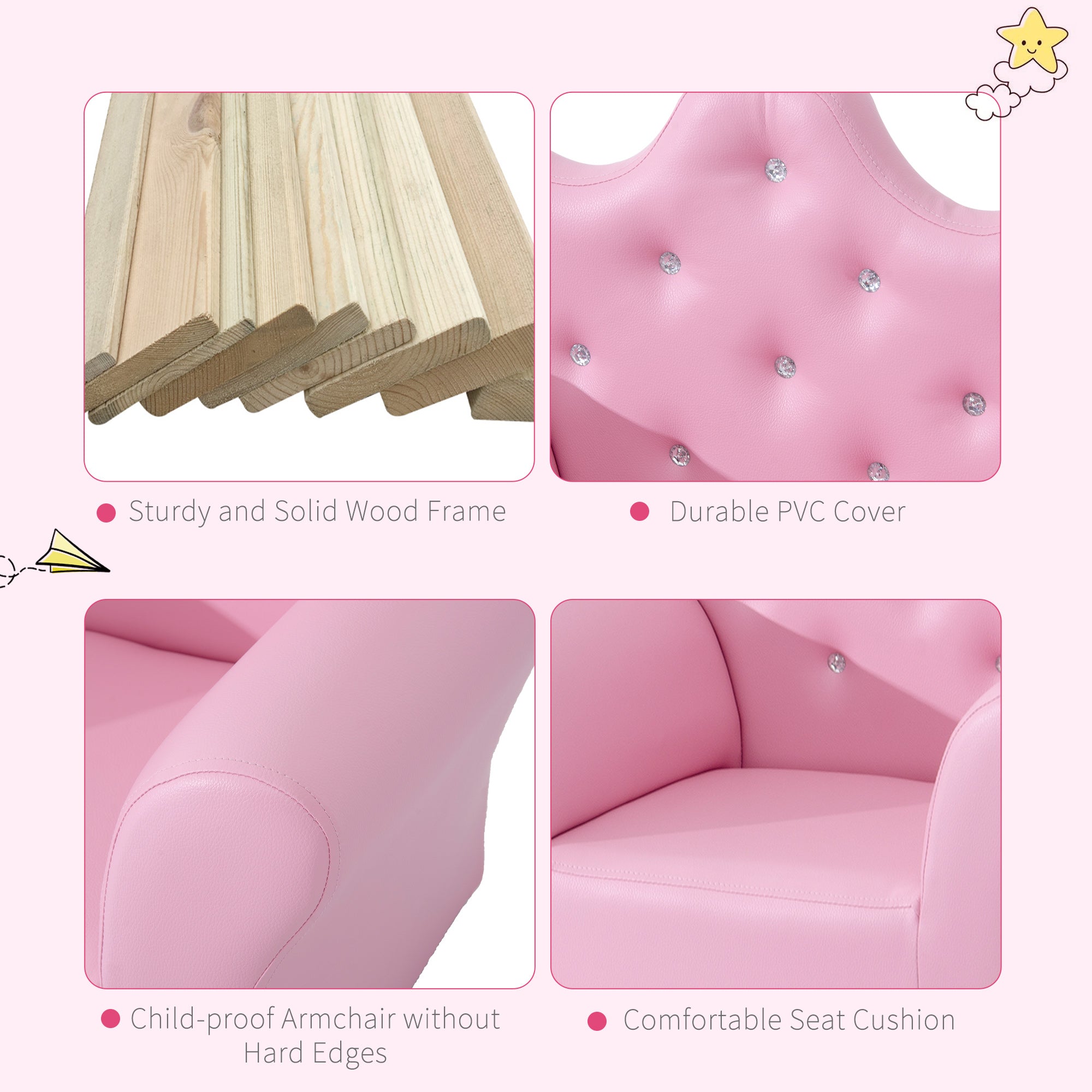 HOMCOM Children Kids Sofa Set Armchair Chair Seat with Free Footstool PU Leather Pink - TovaHaus
