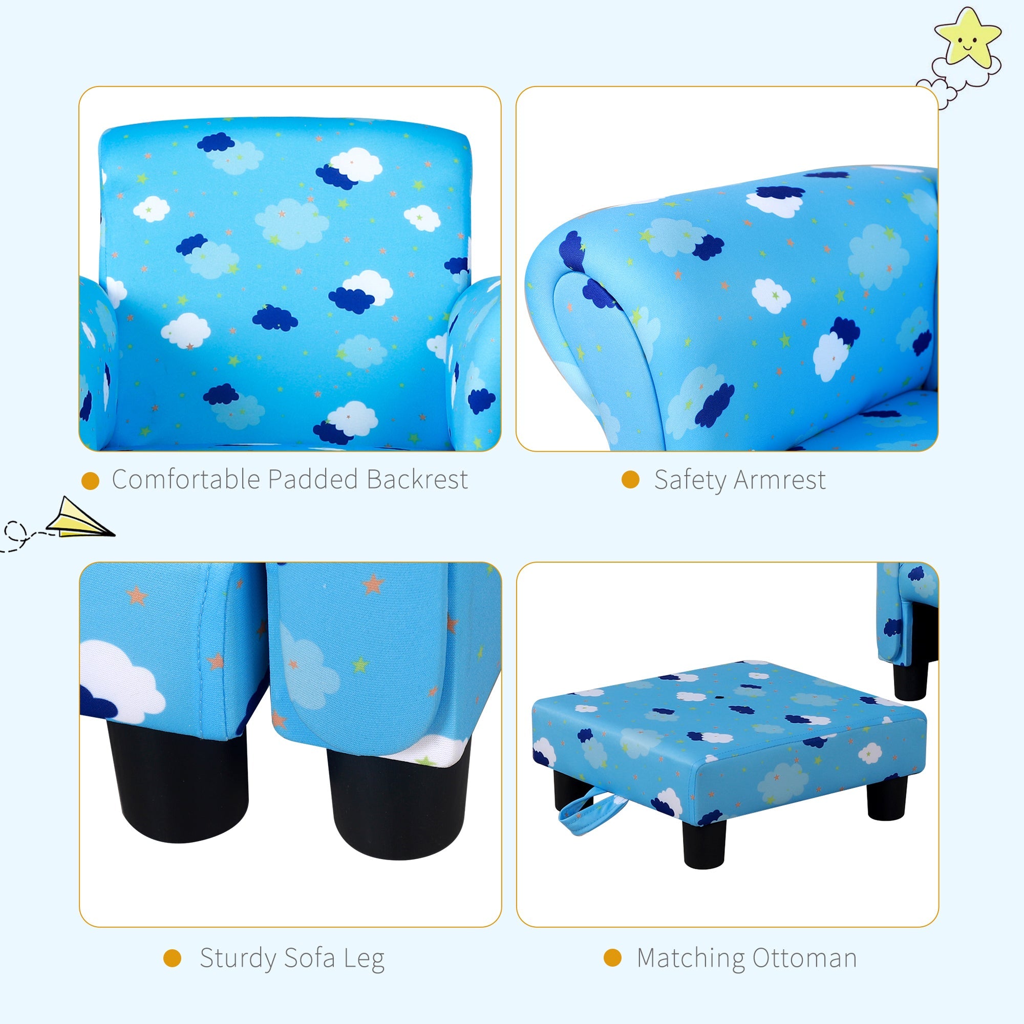 HOMCOM Childrens Sofa Mini Sofa Wood Frame w/ Footrest Anti-Slip Legs High Back Arms Bedroom Playroom Furniture Cute Cloud Star Blue - TovaHaus