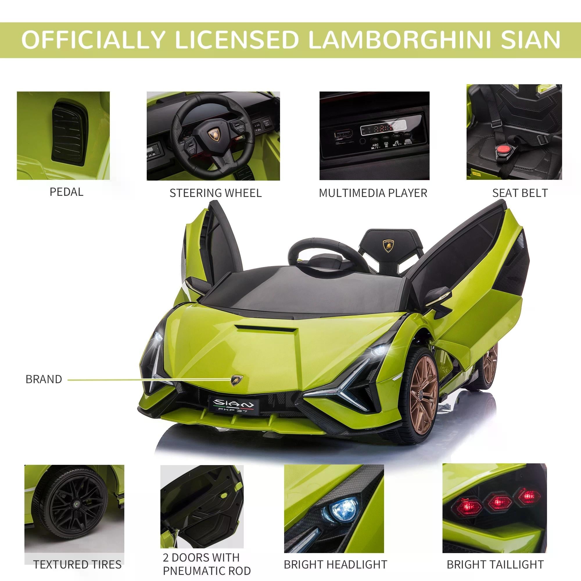 HOMCOM Compatible 12V Battery-powered Kids Electric Ride On Car Lamborghini SIAN Toy with Parental Remote Control Lights MP3 for 3-5 Years Old Green - TovaHaus