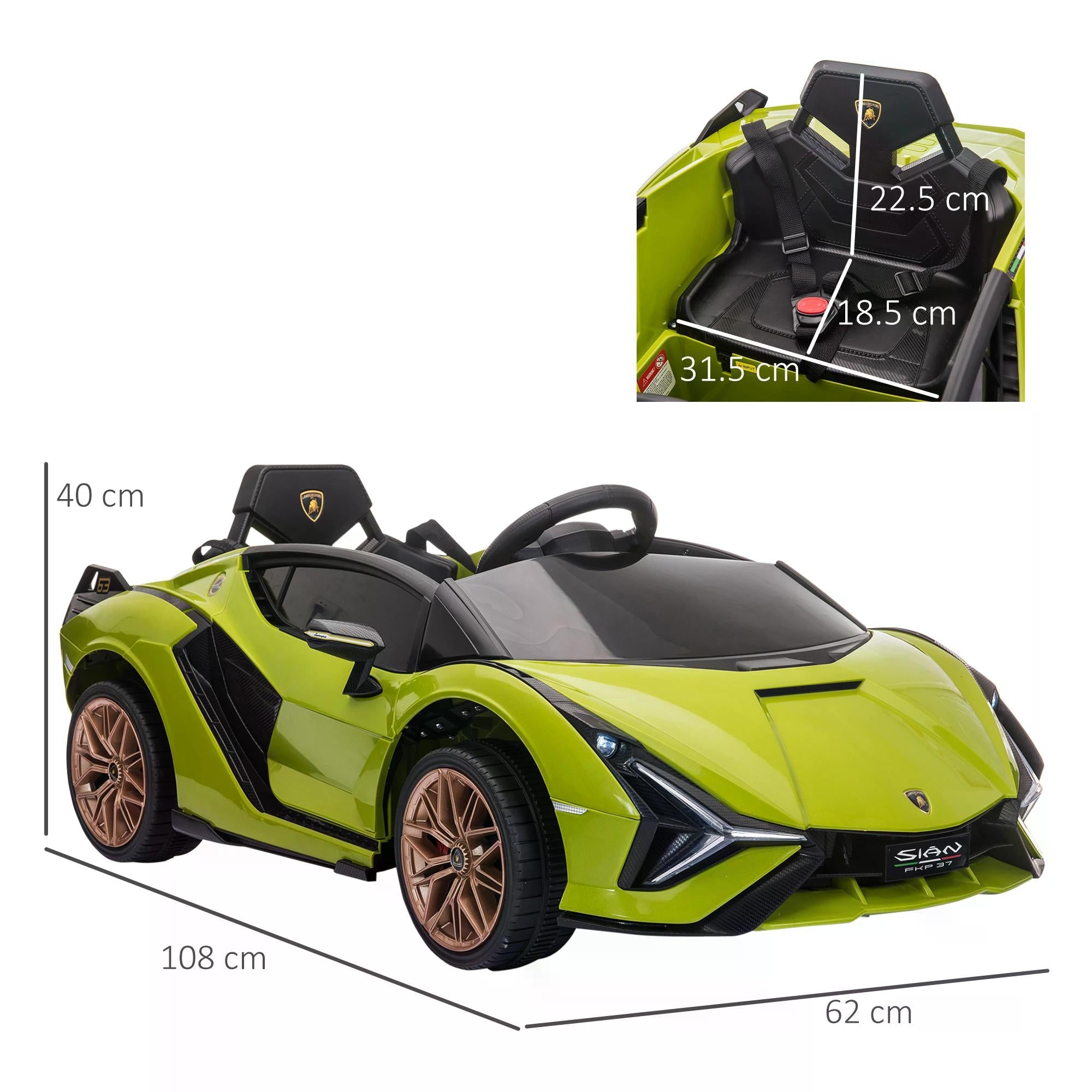 HOMCOM Compatible 12V Battery-powered Kids Electric Ride On Car Lamborghini SIAN Toy with Parental Remote Control Lights MP3 for 3-5 Years Old Green - TovaHaus