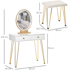 HOMCOM Dressing Table Set with LED Light, Round Mirror, Vanity Makeup Table with 2 Drawers and Cushioned Stool for Bedroom, White - TovaHaus
