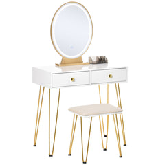 HOMCOM Dressing Table Set with LED Light, Round Mirror, Vanity Makeup Table with 2 Drawers and Cushioned Stool for Bedroom, White - TovaHaus