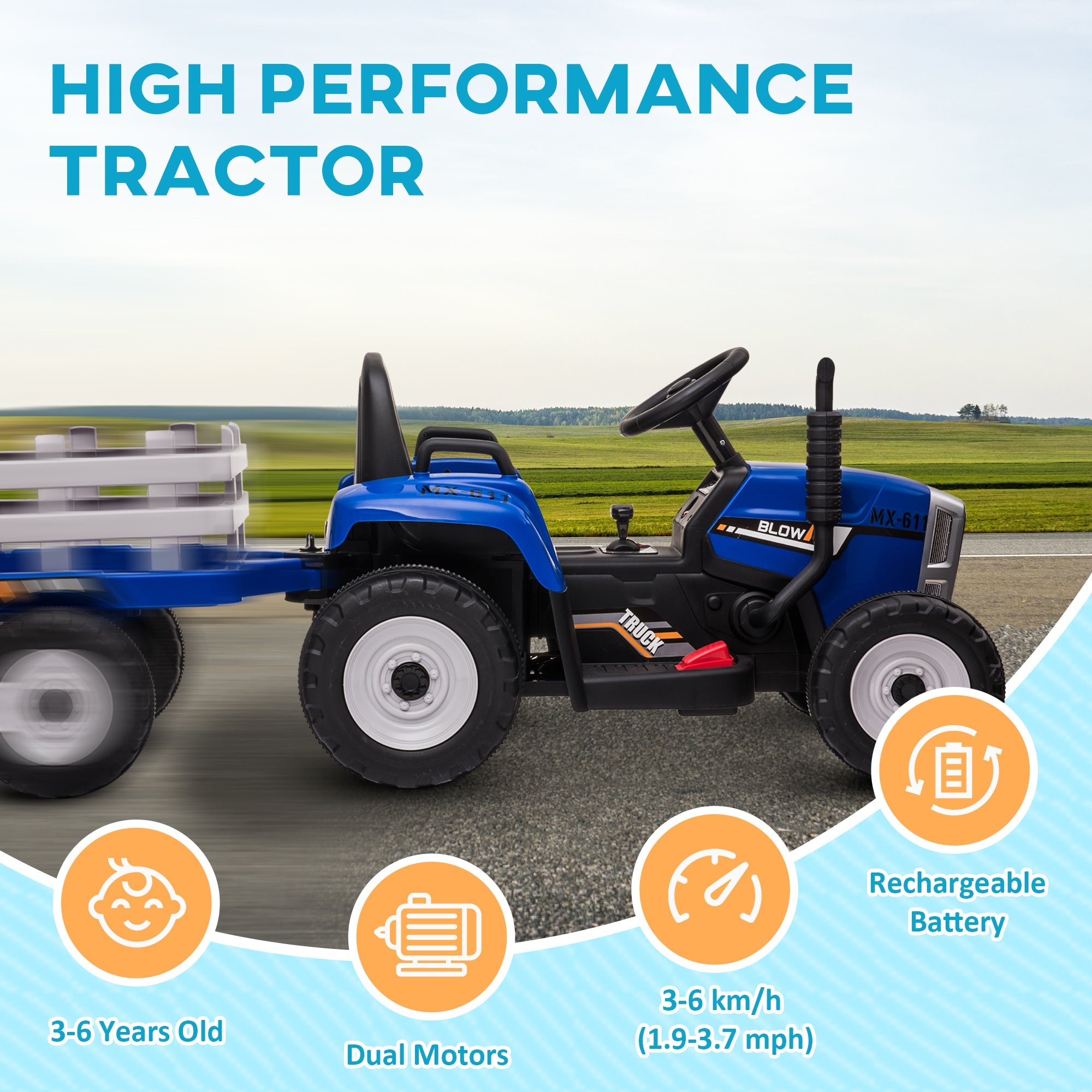 HOMCOM Electric Ride on Tractor w/ Detachable Trailer, 12V Kids Battery Powered Electric Car w/ Remote Control, Music Start up Sound, Blue - TovaHaus