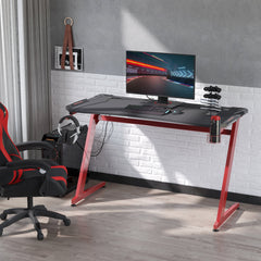 HOMCOM Gaming Desk, Ergonomic Home Office Desk, Gamer Workstation Racing Table, with Headphone Hook and Cup Holder, 142 x 66 x 96cm, Black and Red - TovaHaus