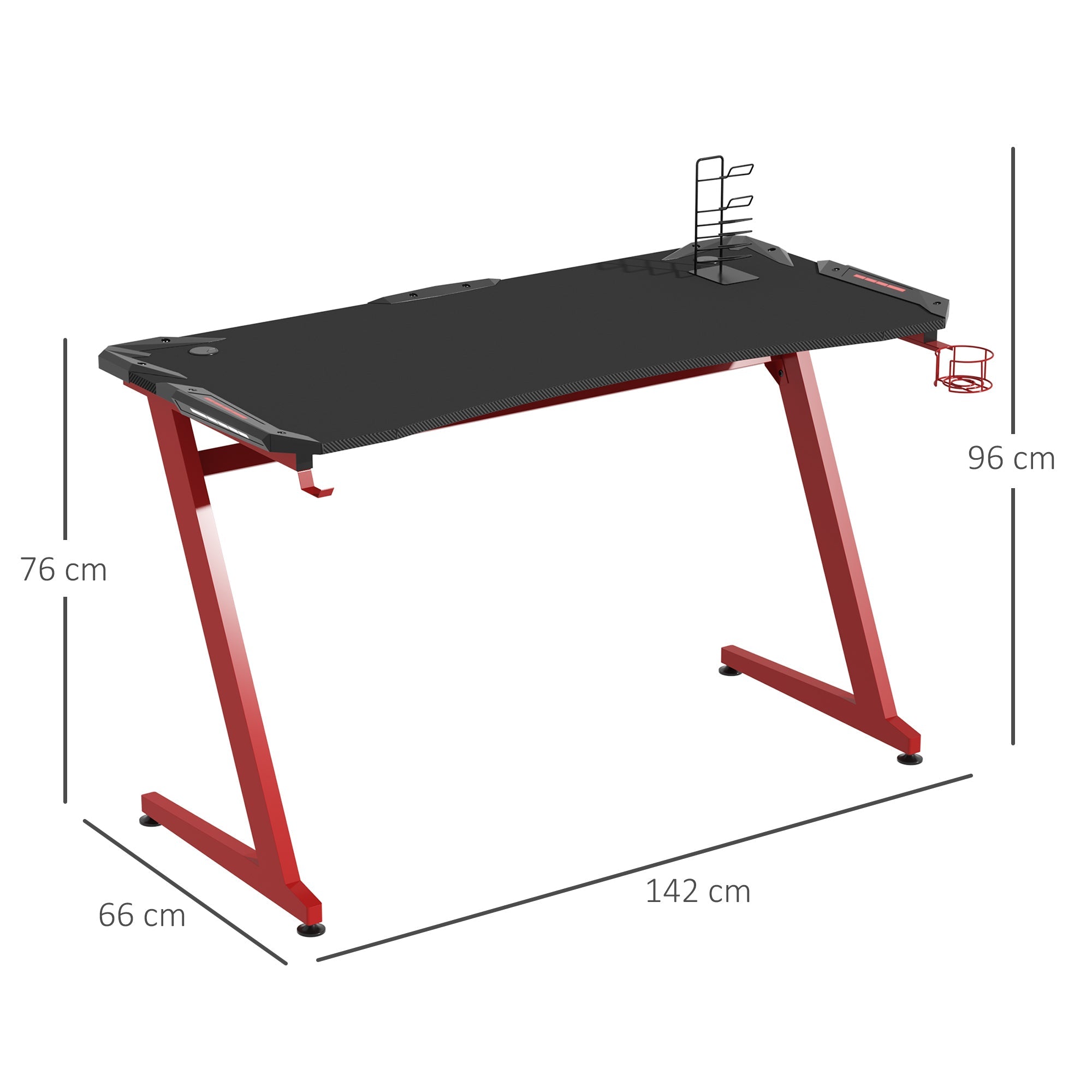 HOMCOM Gaming Desk, Ergonomic Home Office Desk, Gamer Workstation Racing Table, with Headphone Hook and Cup Holder, 142 x 66 x 96cm, Black and Red - TovaHaus