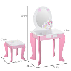 HOMCOM Girls Dressing Table w/ Mirror & Stool, Kids Dressing Table, Unicorn Pretend Play Toy for Toddles Age 3-6 Years, Acrylic Mirror, Pink & White - TovaHaus