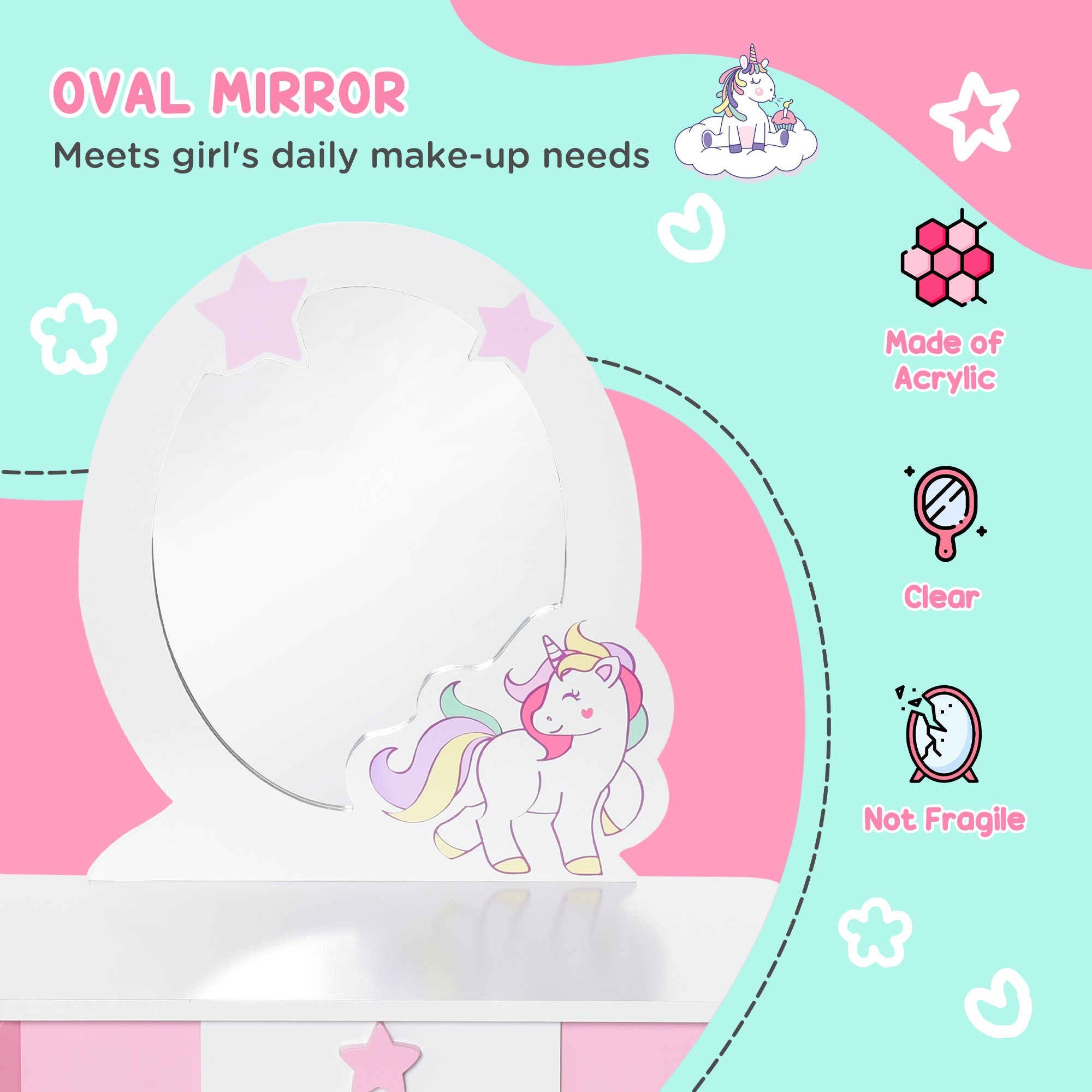 HOMCOM Girls Dressing Table w/ Mirror & Stool, Kids Dressing Table, Unicorn Pretend Play Toy for Toddles Age 3-6 Years, Acrylic Mirror, Pink & White - TovaHaus