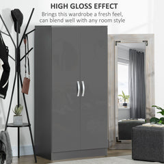 HOMCOM High Gloss Wardrobe, 2 Door Wardrobe with Hanging Rod and Storage Shelf, Clothes Storage Organizer with Anti-tipping Design for Bedroom, Grey - TovaHaus