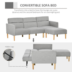 HOMCOM L Shape Sofa Bed Set, Linen Fabric Corner Sofa Bed with Rubber Wood Legs and Footstool, Light Grey - TovaHaus