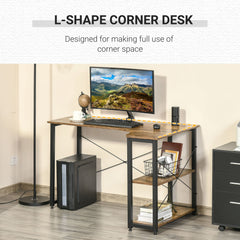 HOMCOM L-Shaped Computer Desk Home Office Corner Desk Study Workstation Table with 2 Shelves, Steel Frame, Rustic Brown - TovaHaus
