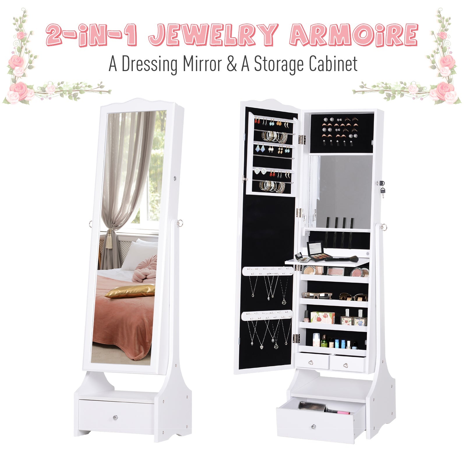 HOMCOM LED Jewellery Cabinet, Floor Standing Mirror Armoire with Flip-over Makeup Shelf and Lock, White - TovaHaus