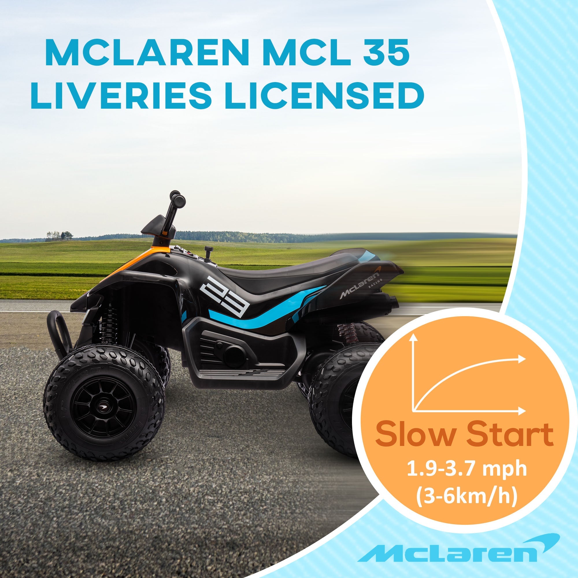 HOMCOM McLaren Licensed Electric Quad Bike, 12V with Music, Headlights, MP3, Suspension Wheels, Black, for Ages 3-8 - TovaHaus