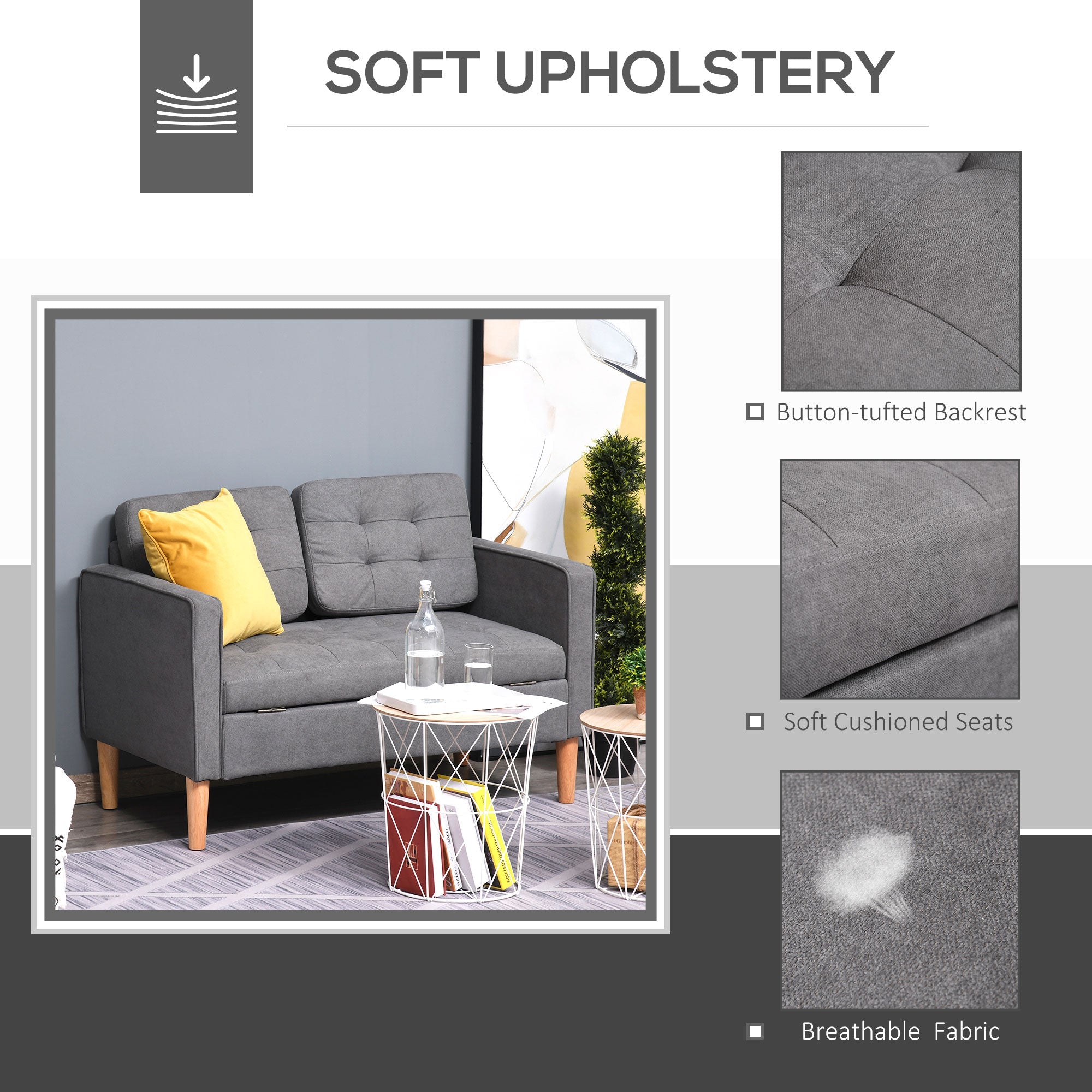 HOMCOM Modern 2 Seater Sofa with Hidden Storage, 117cm Tufted Cotton Couch, Compact Loveseat Sofa with Wood Legs, Grey - TovaHaus