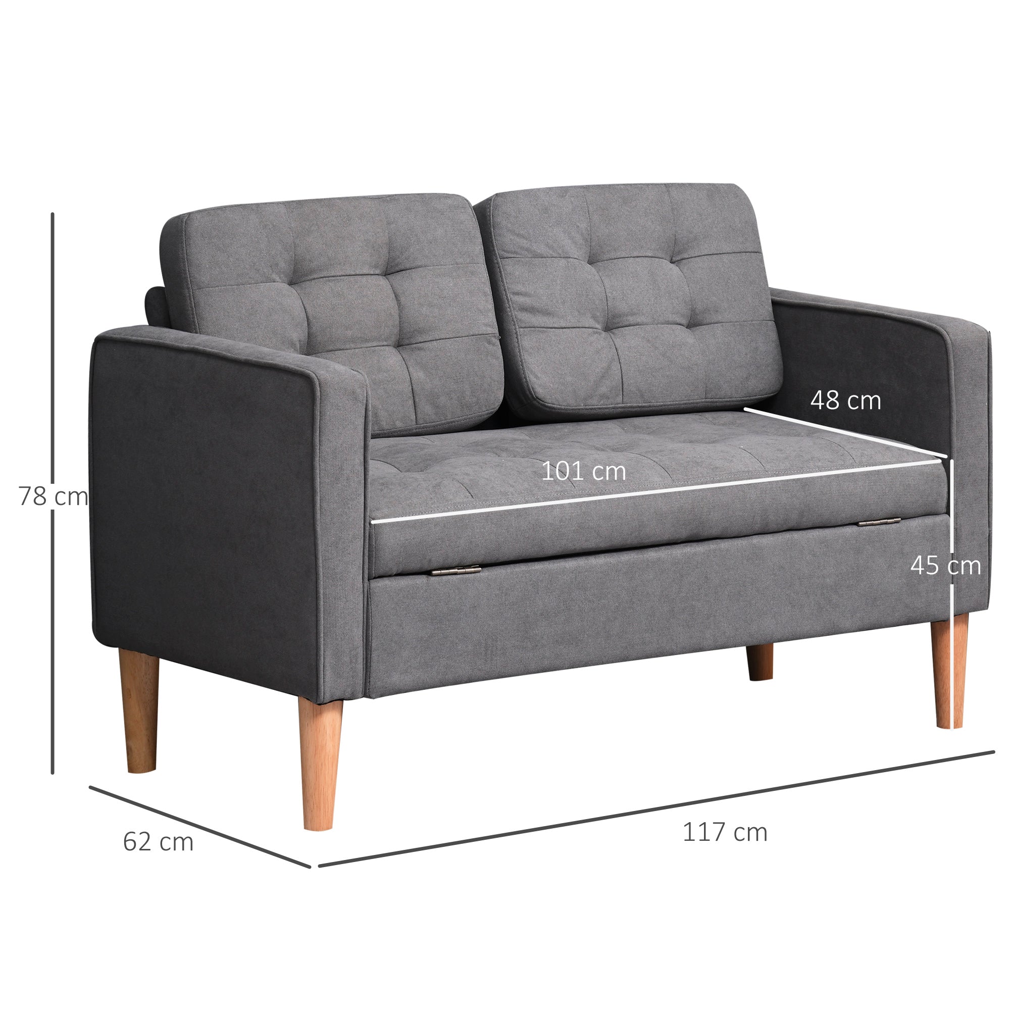 HOMCOM Modern 2 Seater Sofa with Hidden Storage, 117cm Tufted Cotton Couch, Compact Loveseat Sofa with Wood Legs, Grey - TovaHaus