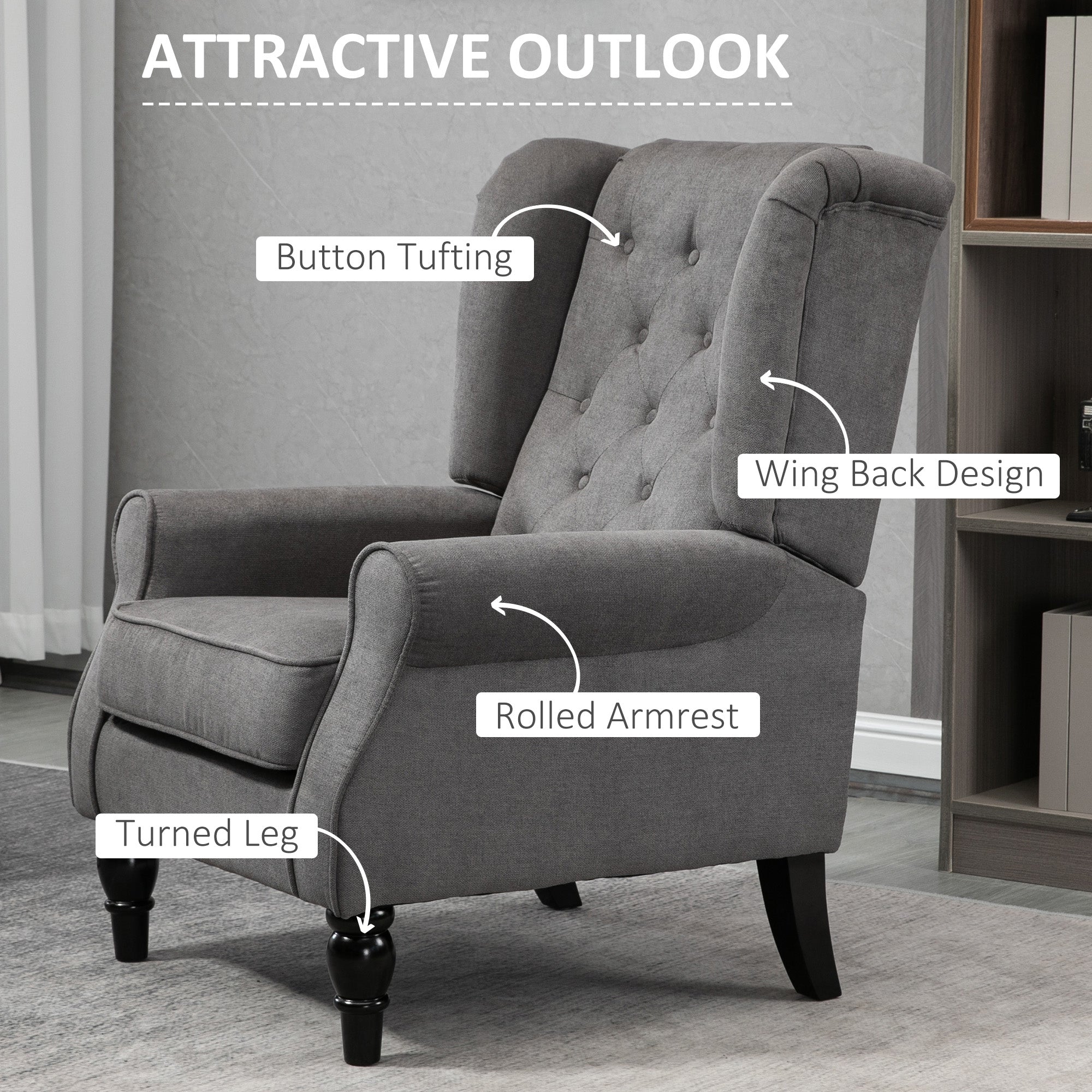 HOMCOM Retro Accent Chair, Wingback Armchair with Wood Frame Button Tufted Design for Living Room Bedroom, Dark Grey - TovaHaus