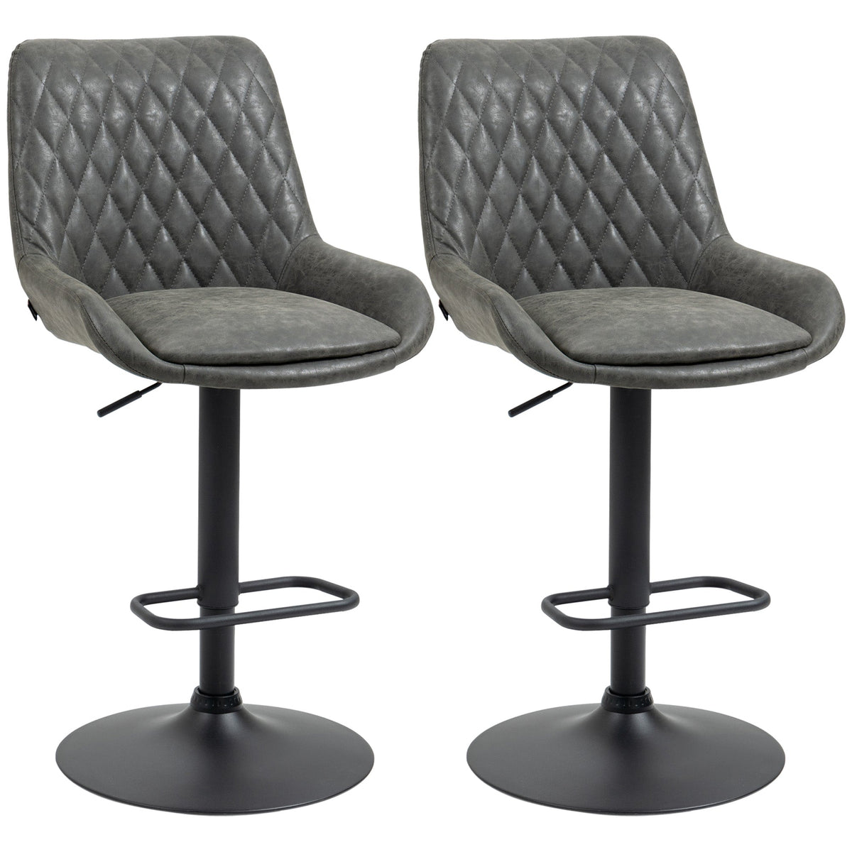 HOMCOM Retro Bar Stools Set of 2, Adjustable Kitchen Stool, Upholstered Bar Chairs with Back, Swivel Seat, Dark Grey - TovaHaus