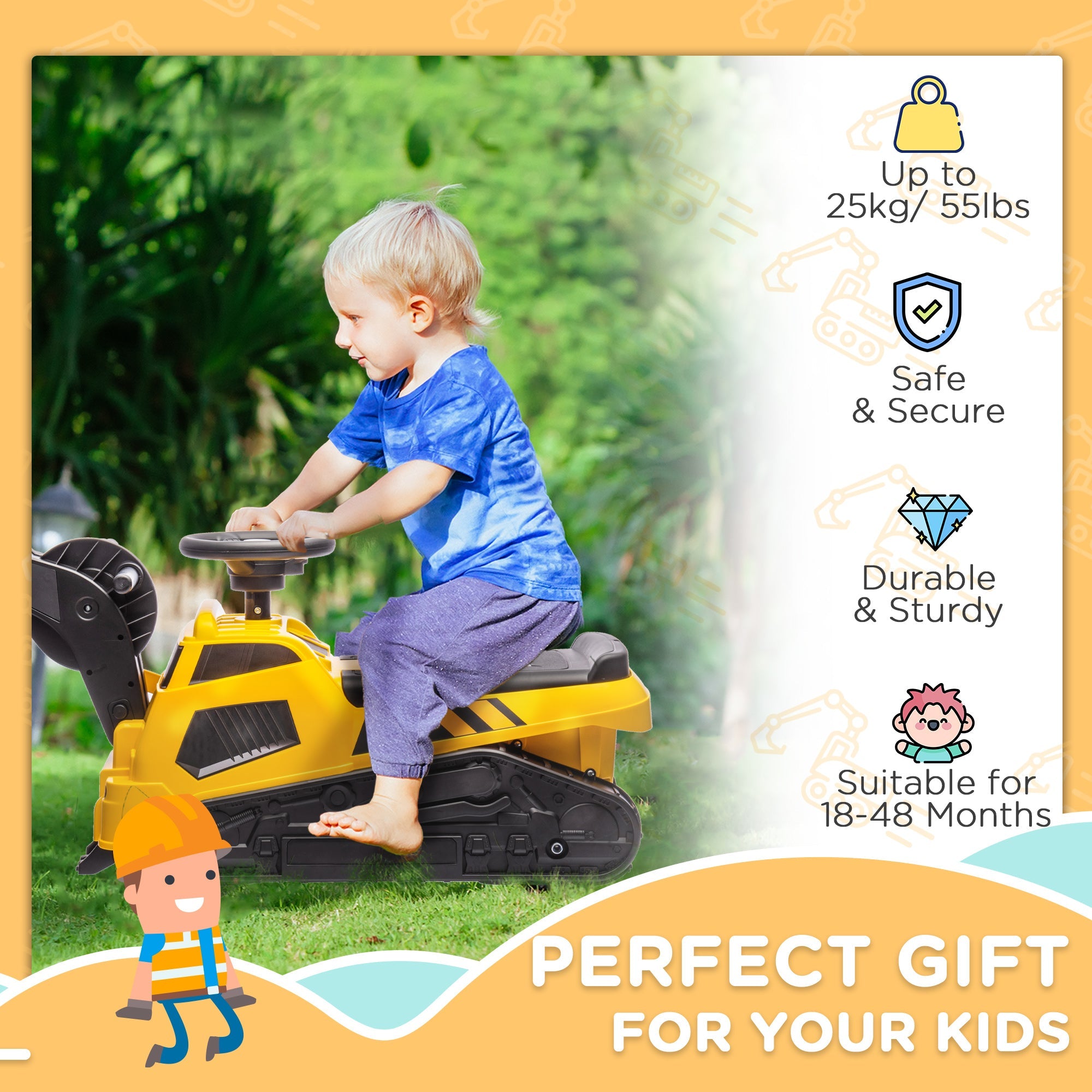 HOMCOM Ride on Tractor, 3 in 1 Ride on Excavator, Bulldozer, Road Roller, Pretend Play Construction No Power Truck w/ Music, for 18-48 Months, Yellow - TovaHaus