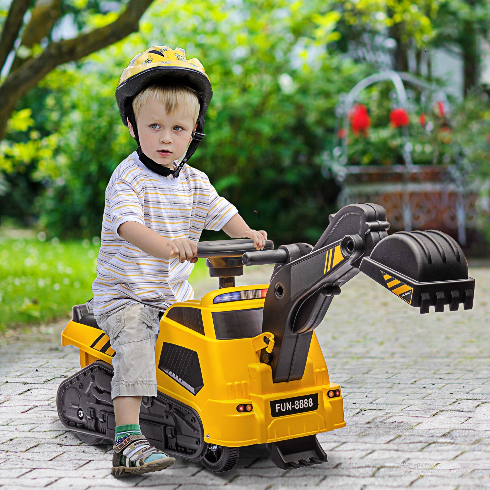 HOMCOM Ride on Tractor, 3 in 1 Ride on Excavator, Bulldozer, Road Roller, Pretend Play Construction No Power Truck w/ Music, for 18-48 Months, Yellow - TovaHaus