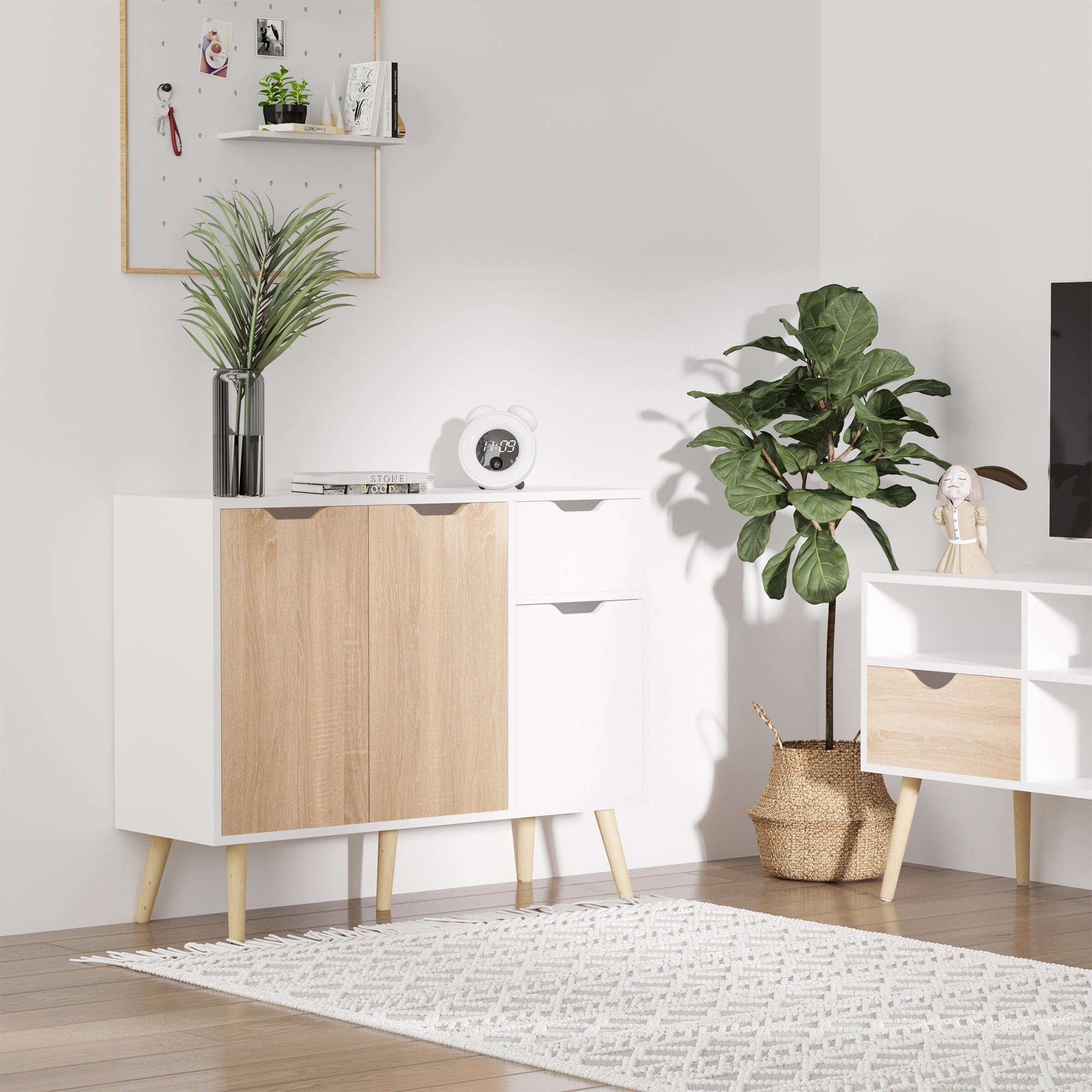 HOMCOM Sideboard Floor Standing Storage Cabinet with Drawer for Bedroom, Living Room, Home Office, Natural - TovaHaus