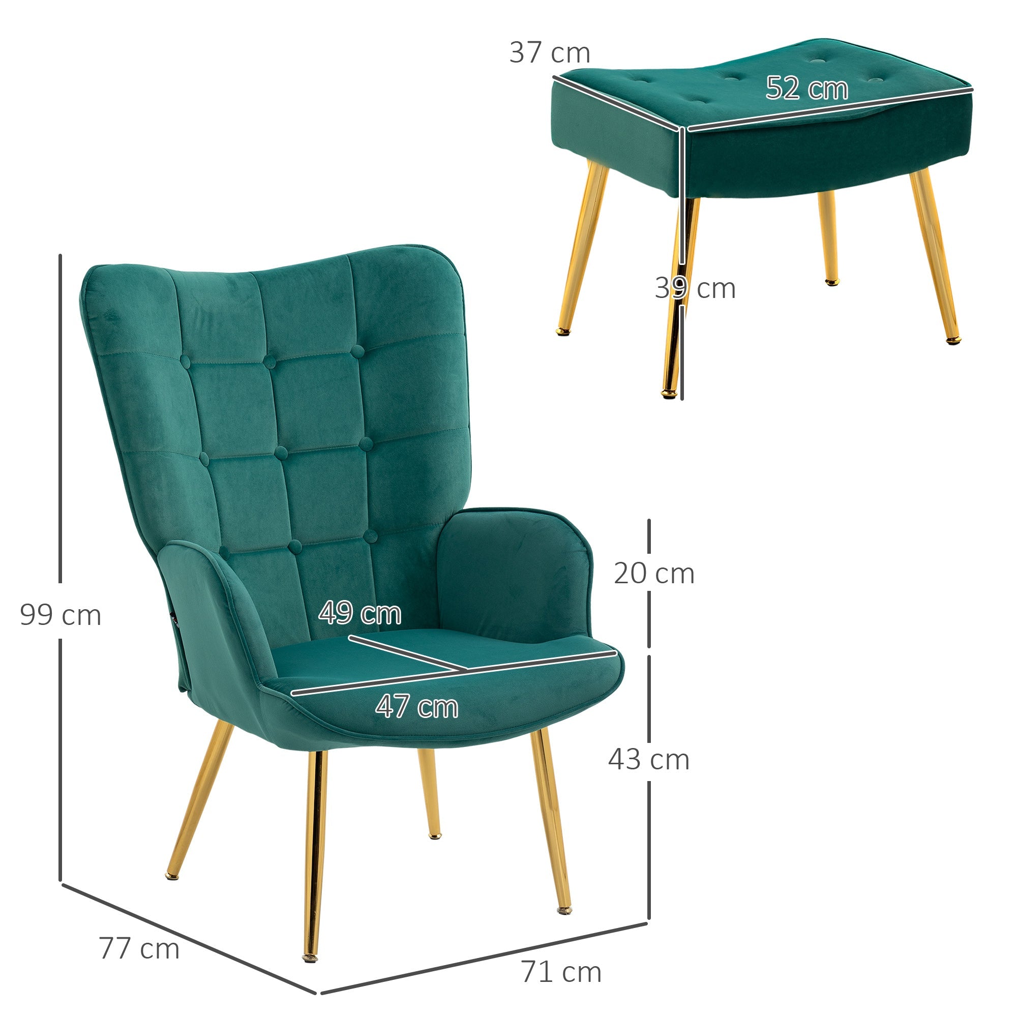 HOMCOM Upholstered Armchair w/ Footstool Set, Modern Button Tufted Accent Chair w/ Gold Tone Steel Legs, Wingback Chair, Dark Green - TovaHaus