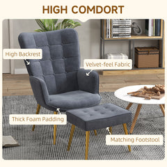 HOMCOM Upholstered Armchair w/ Footstool Set, Modern Button Tufted Accent Chair w/ Gold Tone Steel Legs, Wingback Chair for Living Room, Dark Grey - TovaHaus